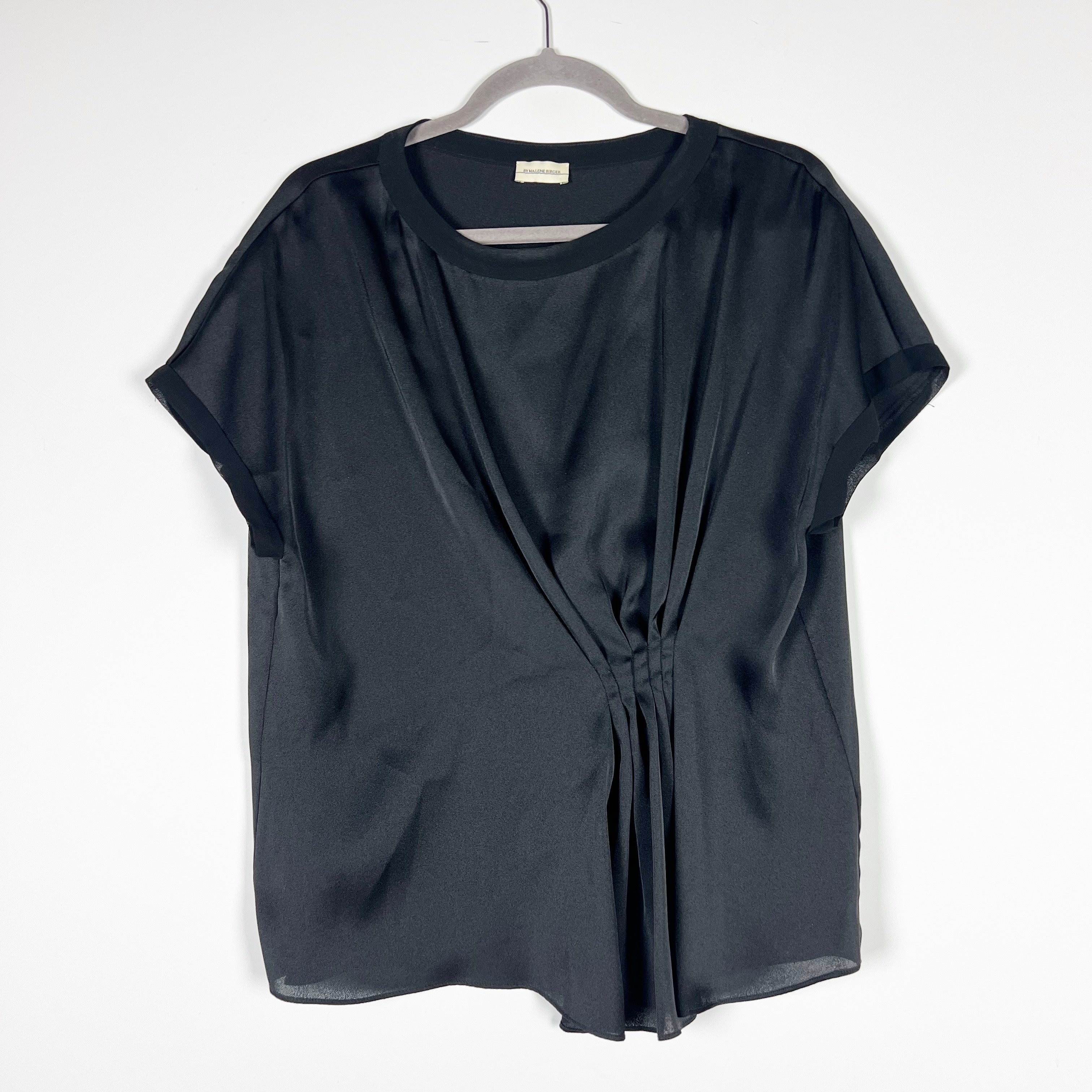 By Malene Birger Linaramma Satin Gathered Pin Tuck Pleated Short Sleeve Blouse S