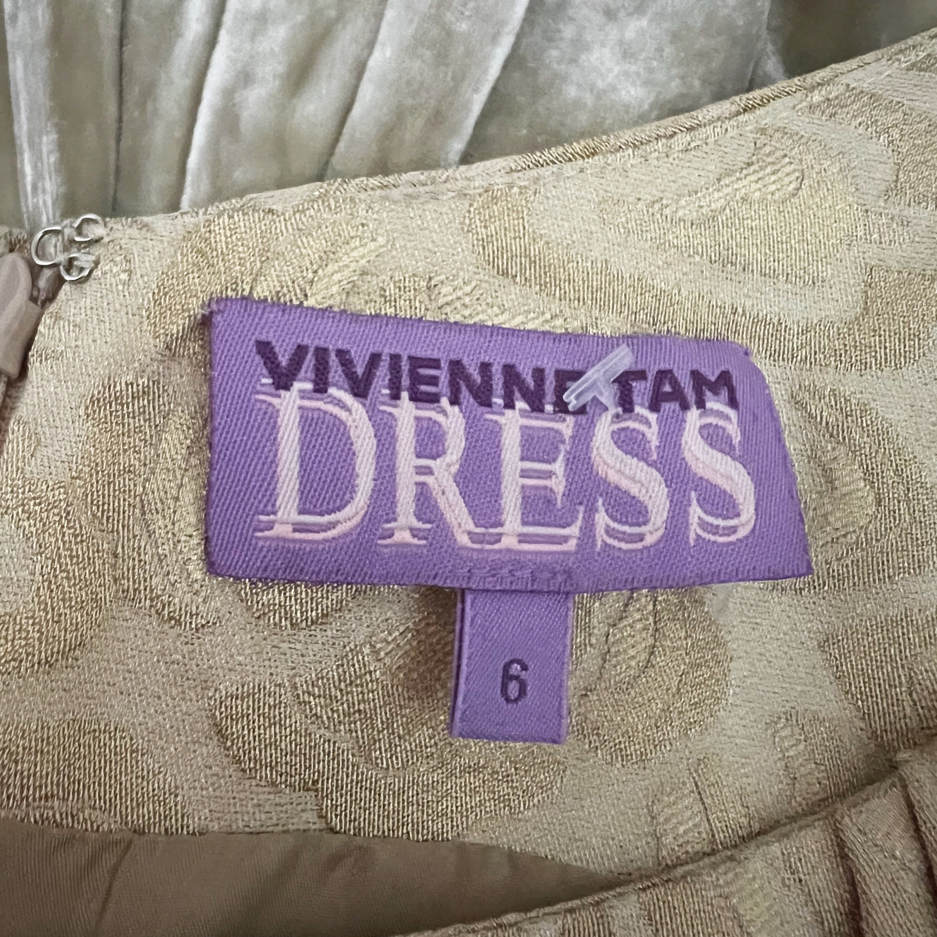 Vivienne Tam Silk Blend Gold Metallic Print Pattern Velvet Waist Fit Flare Dress
