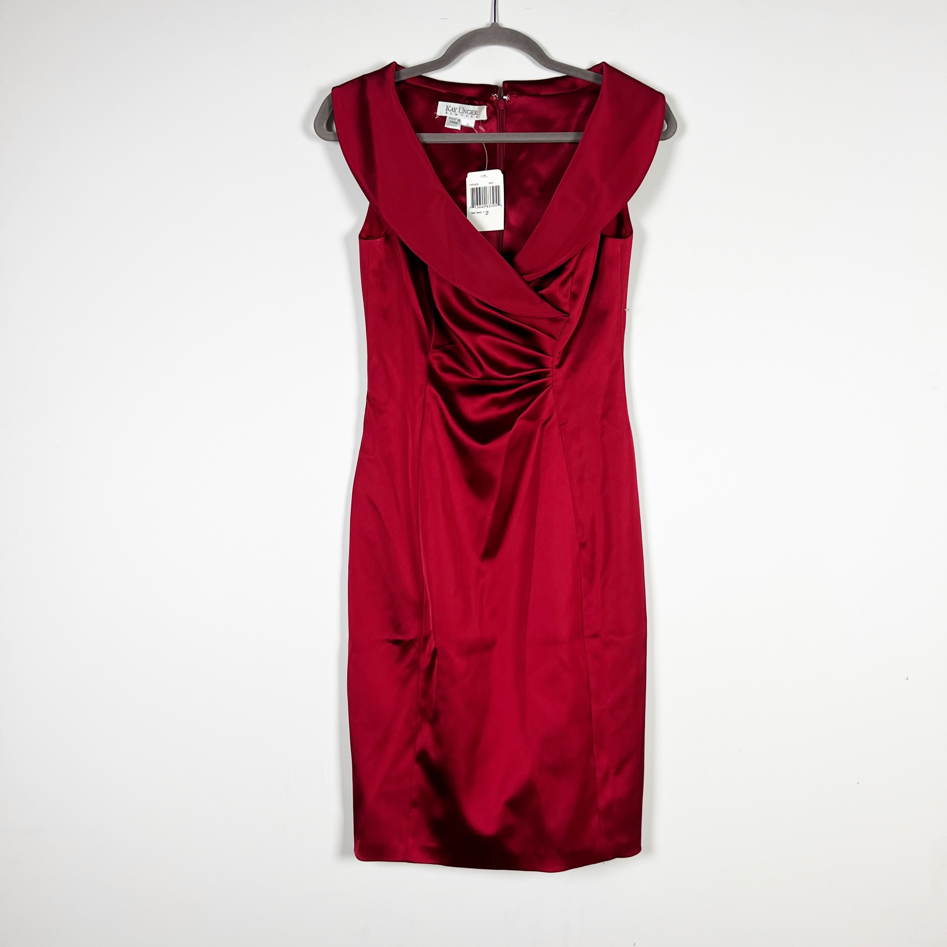 NEW Kay Unger Ruched Pleated Satin Foldover Shawl Collar Sleeveless Sheath Dress