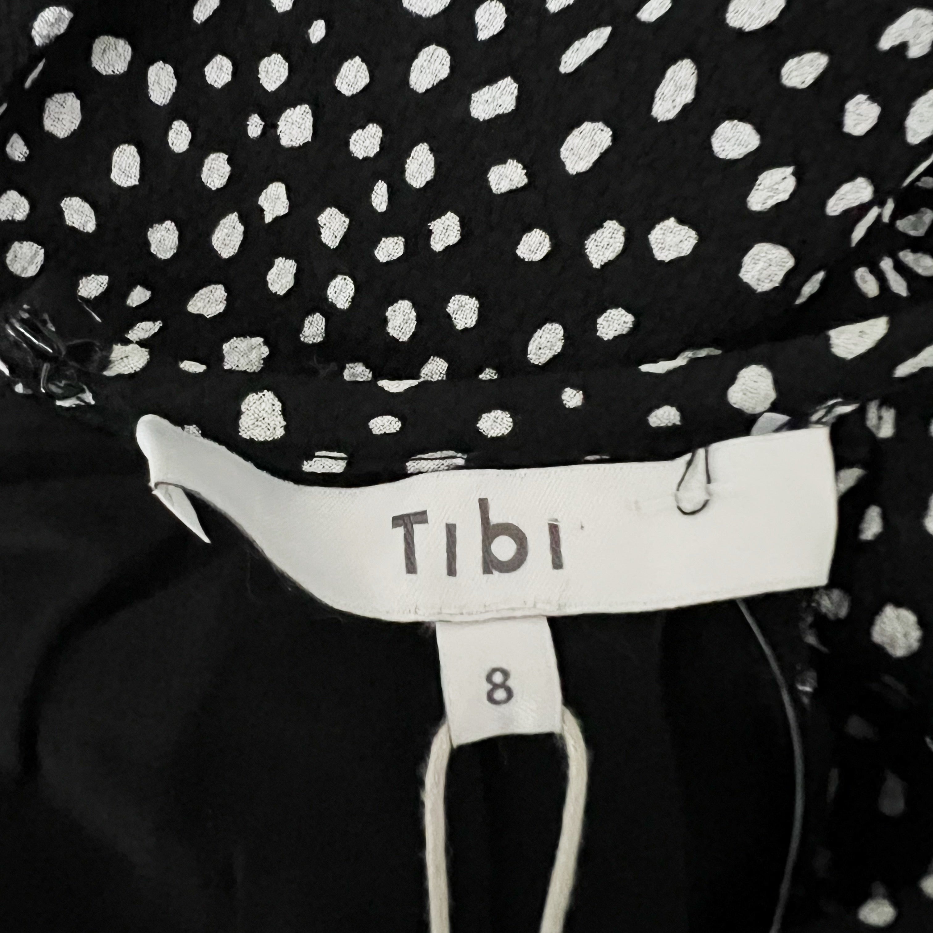 NEW Tibi Crepe Polka Dot Print Pattern Long Sleeve High Slit Midi Dress Black 8