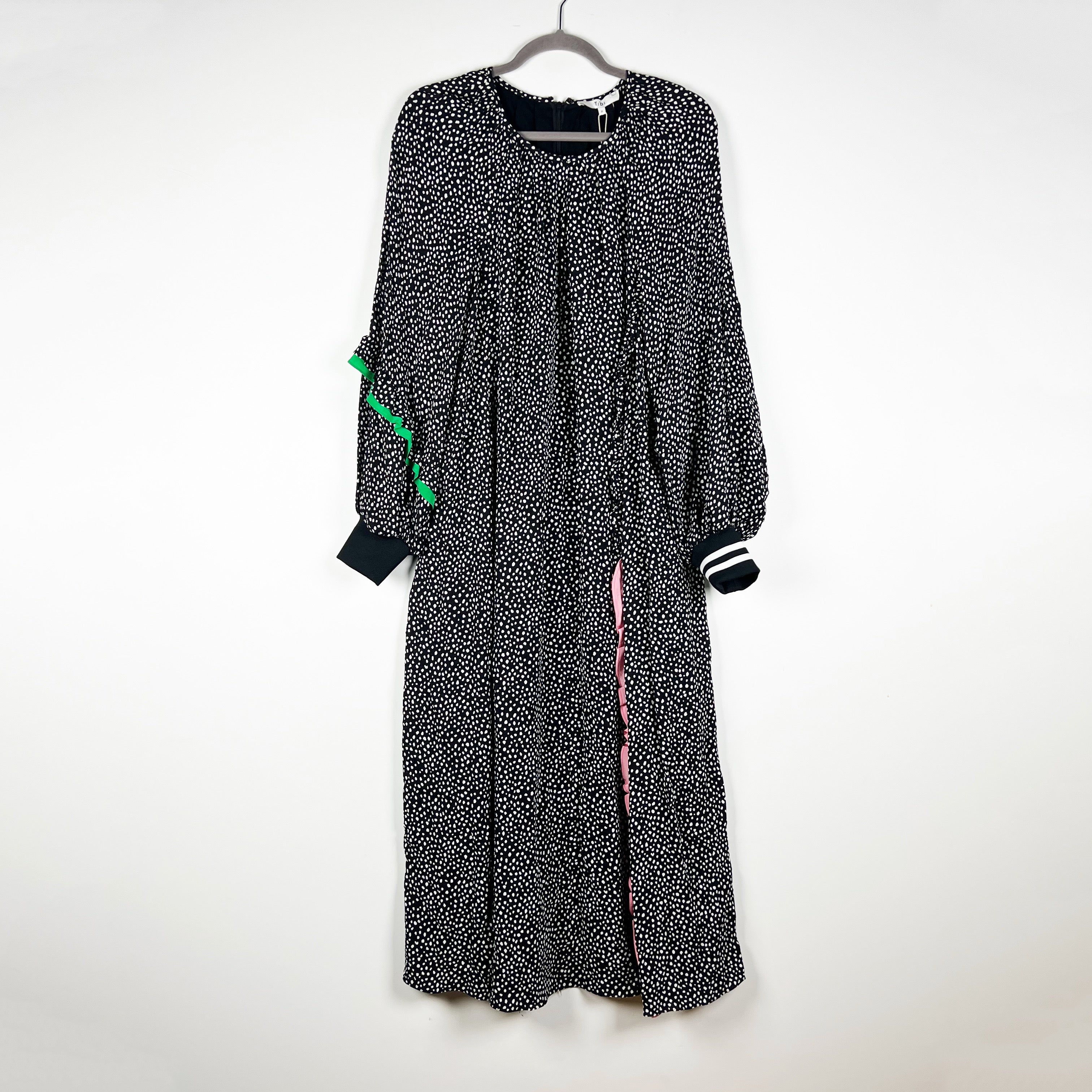 NEW Tibi Crepe Polka Dot Print Pattern Long Sleeve High Slit Midi Dress Black 8