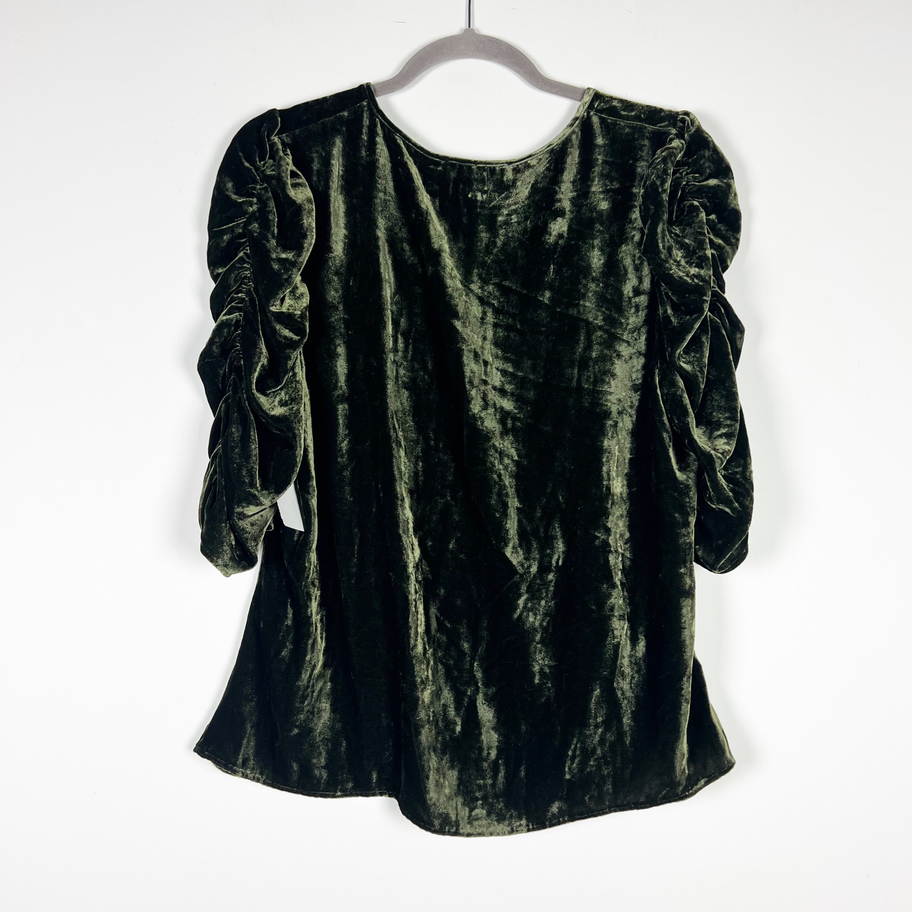 NEW Frame Shirred Ruched Keyhole Half Sleeve Velvet Velour Emerald Green Top XL