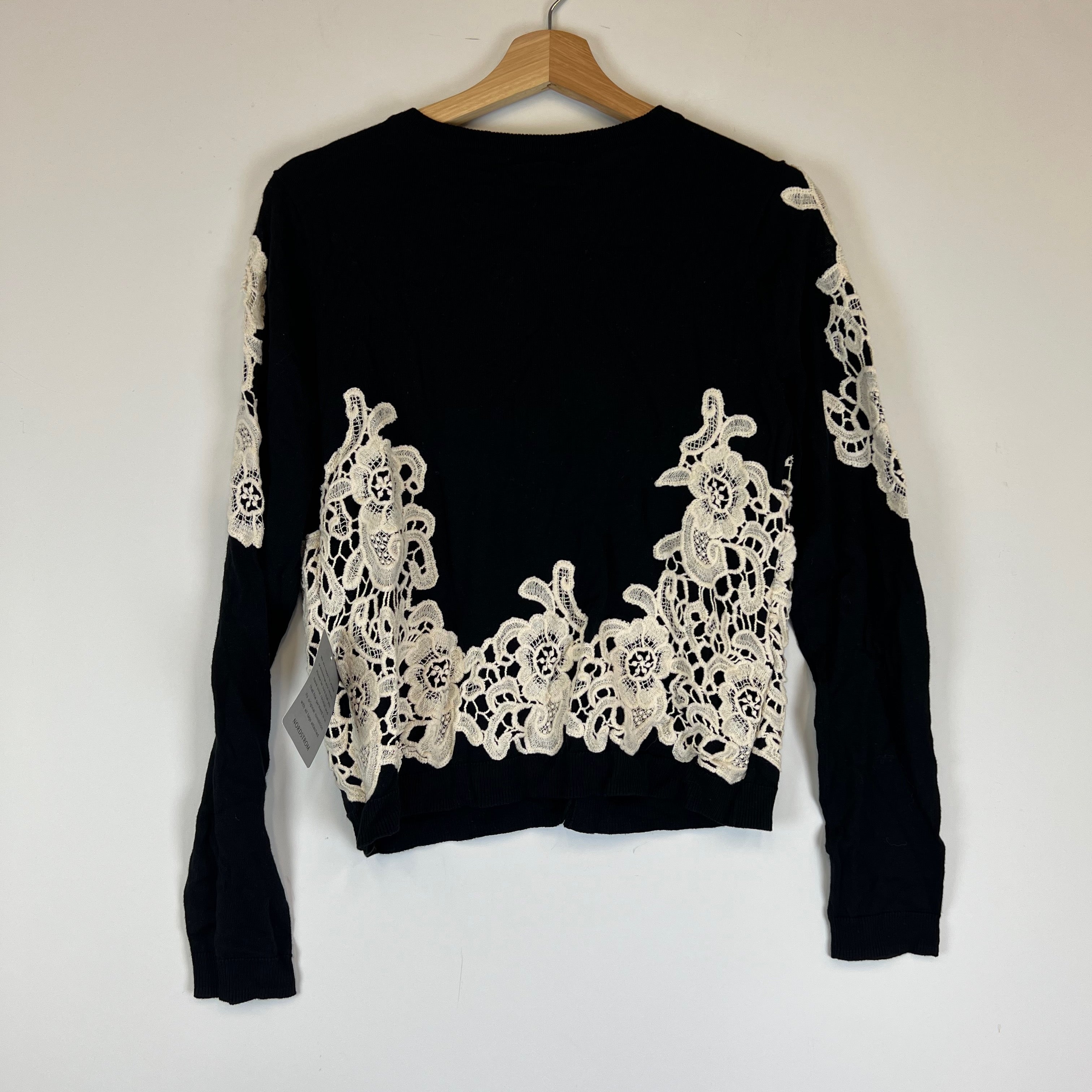 NEW Alice And Olivia Cherrie Lace Patch Applique Cotton Knit Cardigan Sweater M