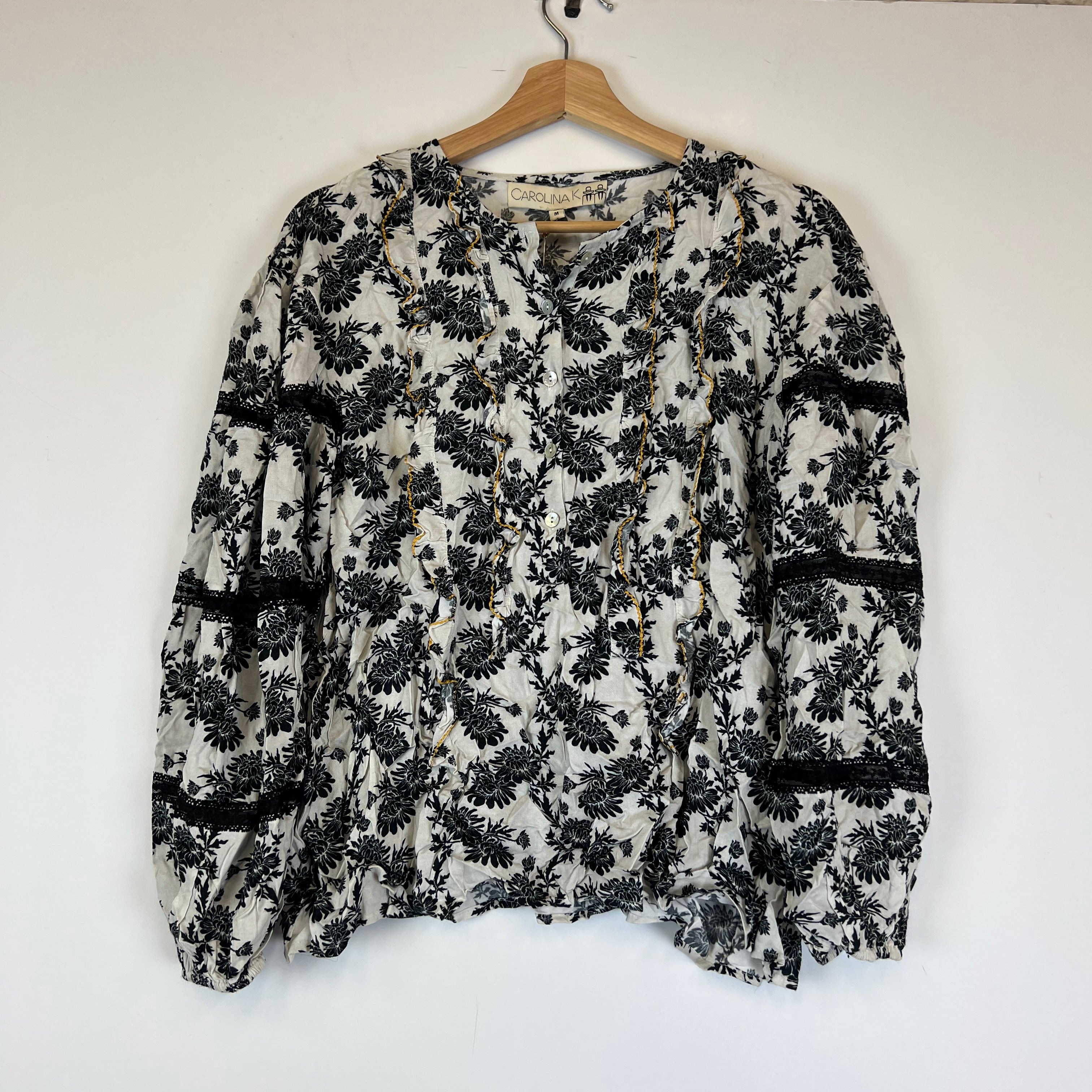 NEW Carolina K Carmella Button Front Long Sleeve Black Lotus Floral Blouse Shirt