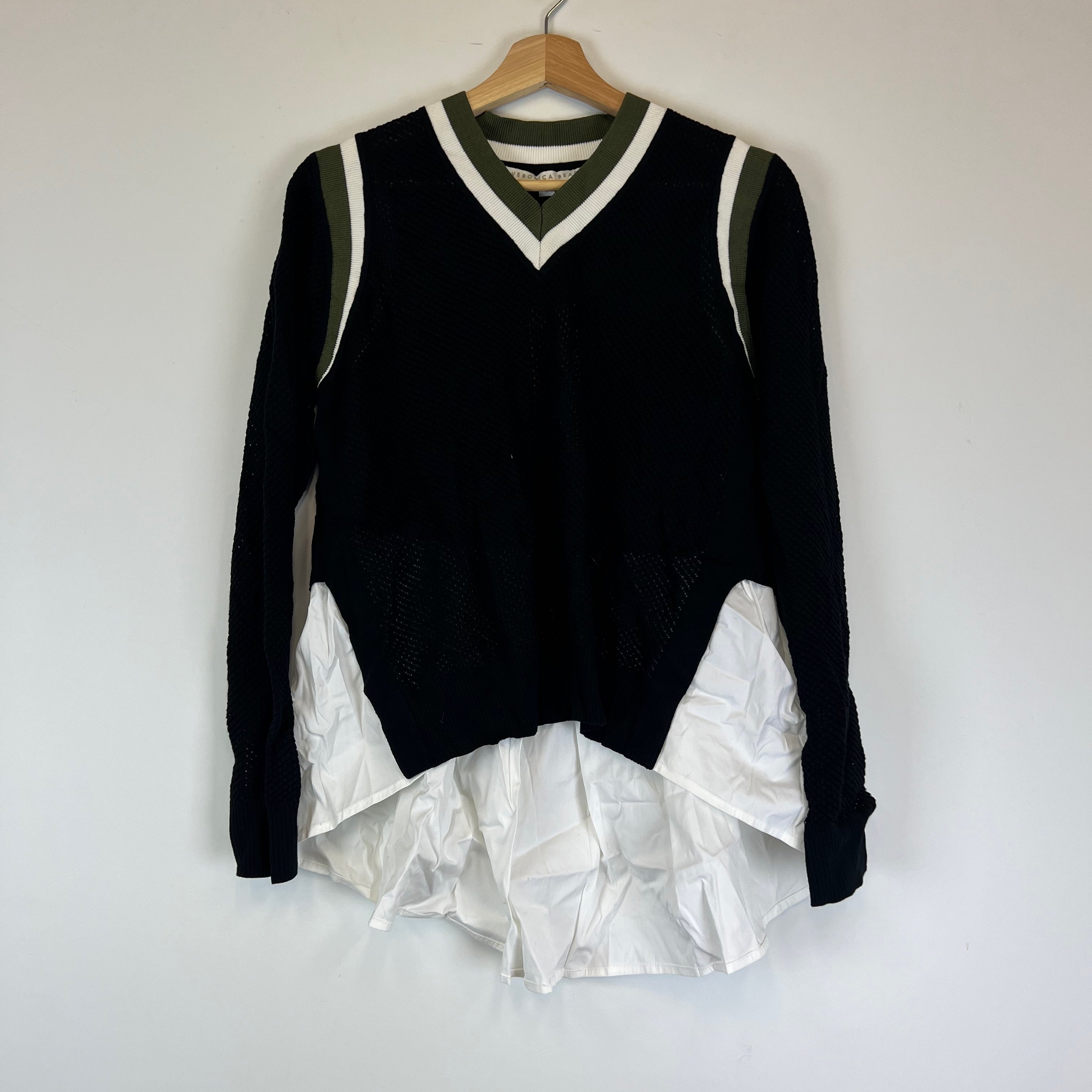 NEW Veronica Beard Studio Mix Media Mesh Crochet Knit V Neck Sweater Black Army