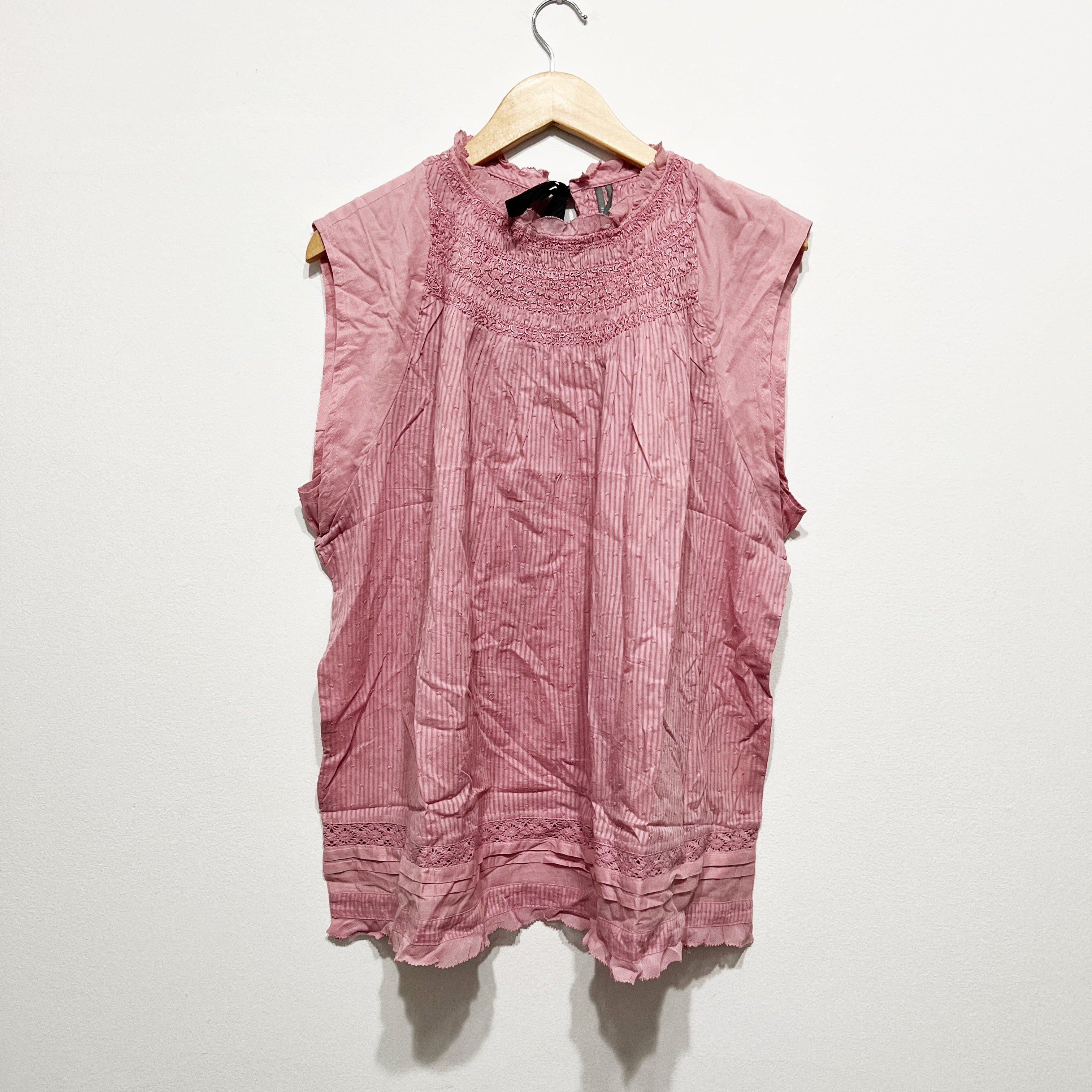 NEW Anthropologie Cotton Smocked Stretch Sleeveless Tie Back Ruffle Lace Blouse