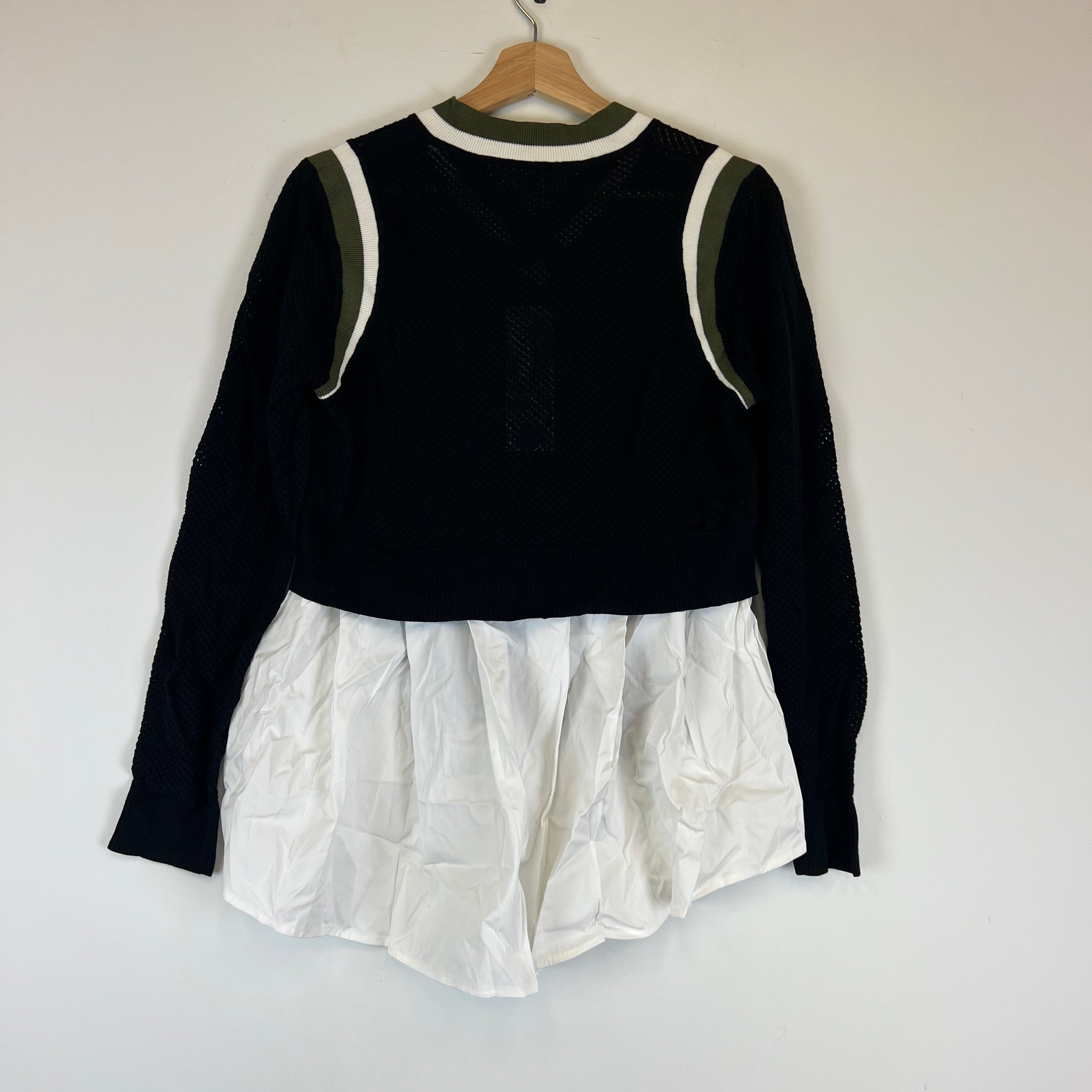 NEW Veronica Beard Studio Mix Media Mesh Crochet Knit V Neck Sweater Black Army