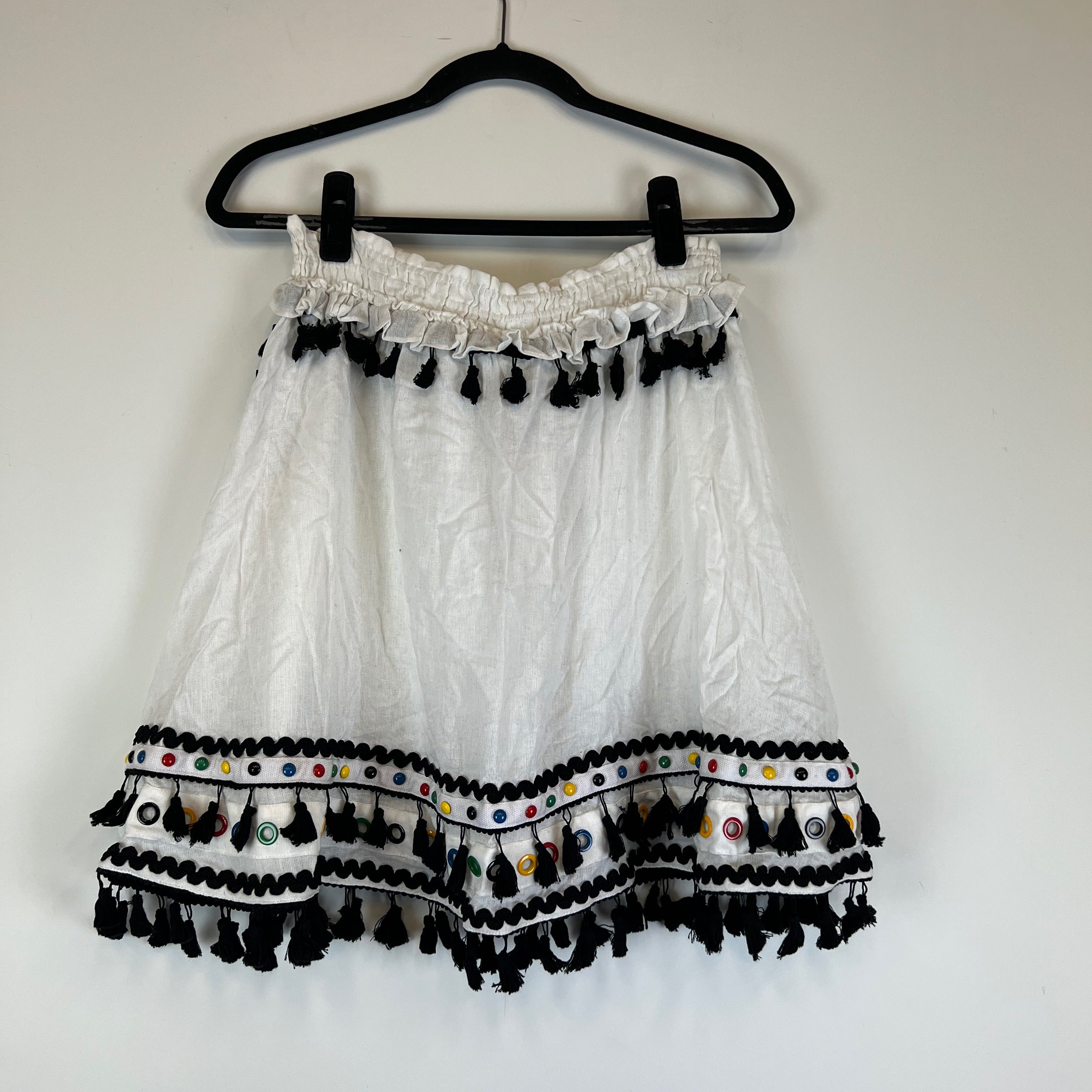 NEW Dodo Bar Or Cotton Tassel Fringe Applique Embellished Tiered Mini Skirt M