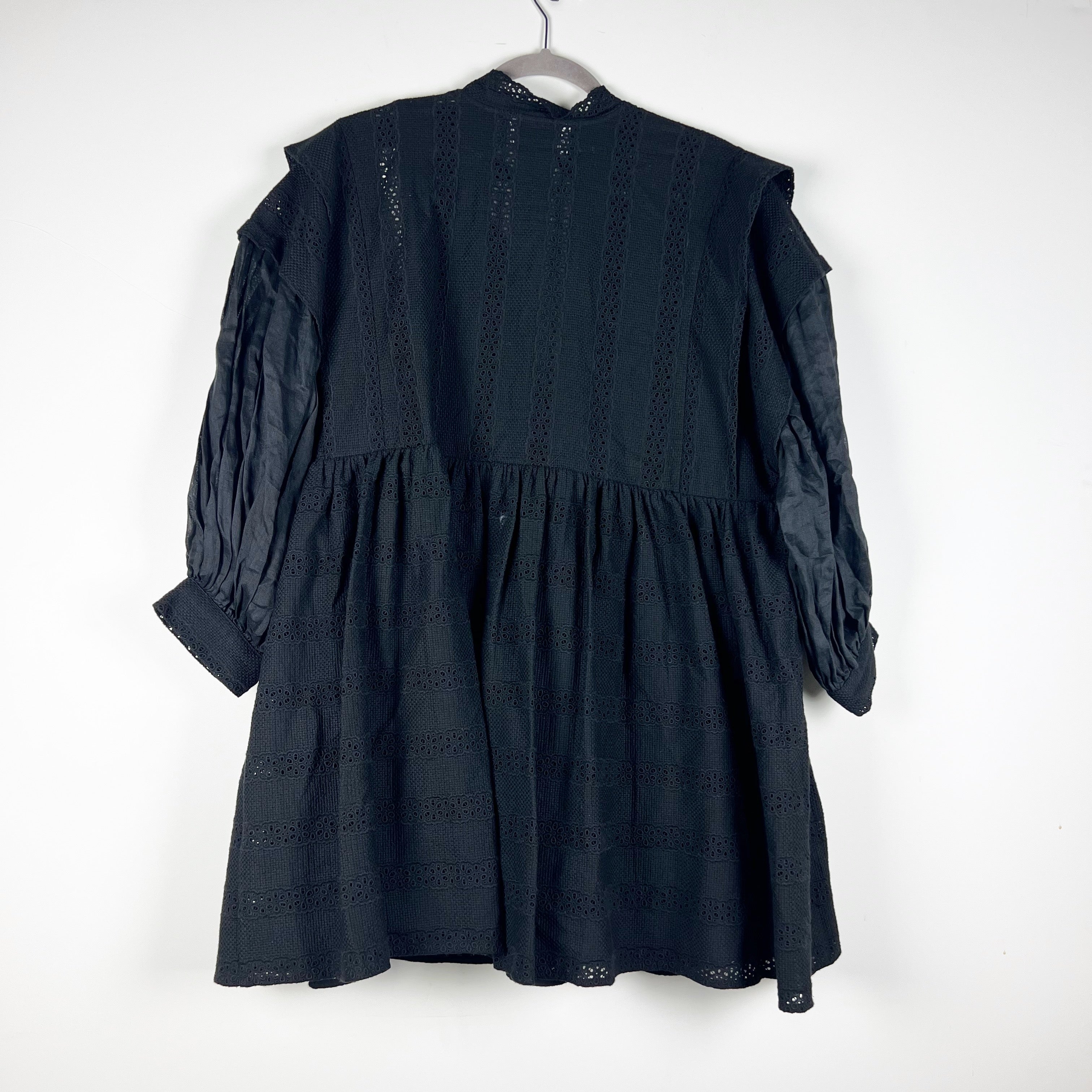 NEW Claudie Pierlot Paris Russe Cotton Crochet Perforated Ruffle Dress Black L