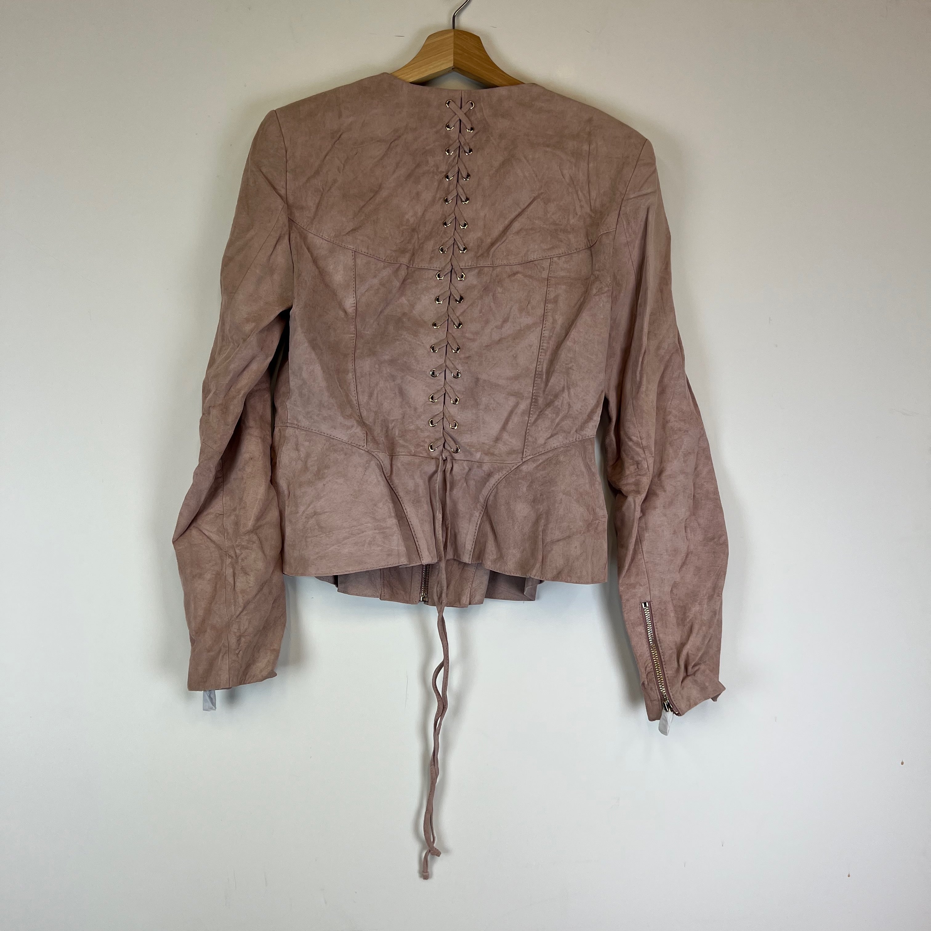 NEW Intermix Sofie Genuine Suede Lather Back Lace Up Jacker Blush Pink Large