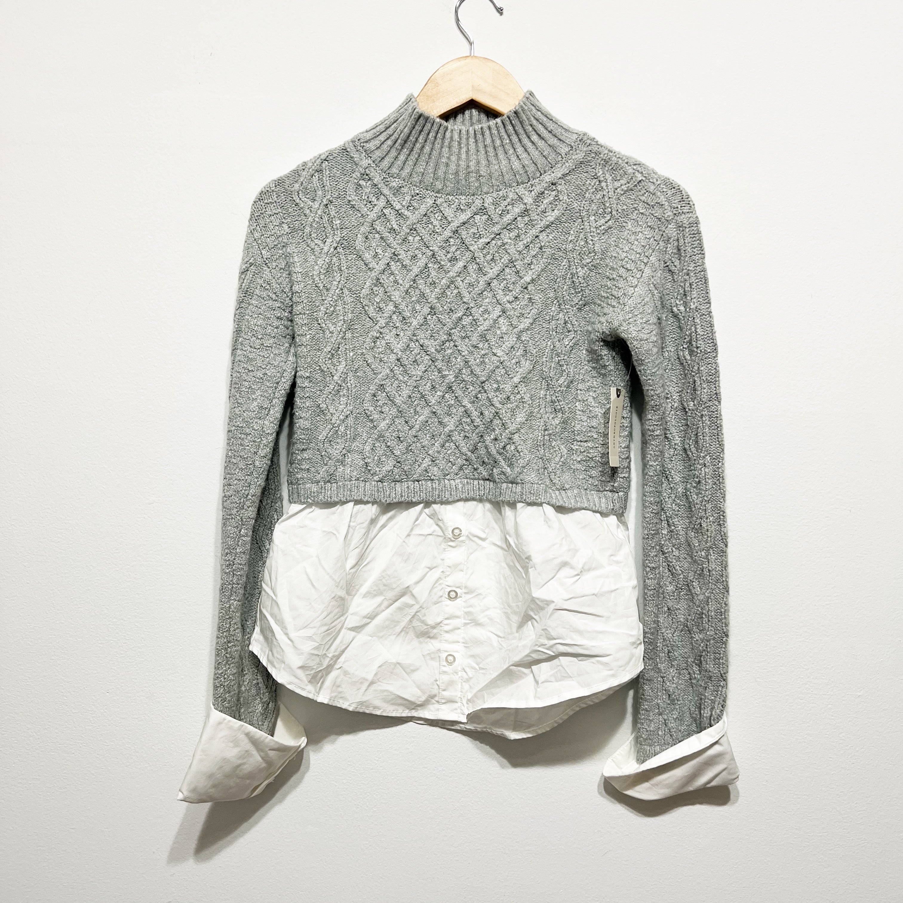NEW Maeve Anthropologie Cotton Cable Knit Crew Neck Sweater Overlay Gray White