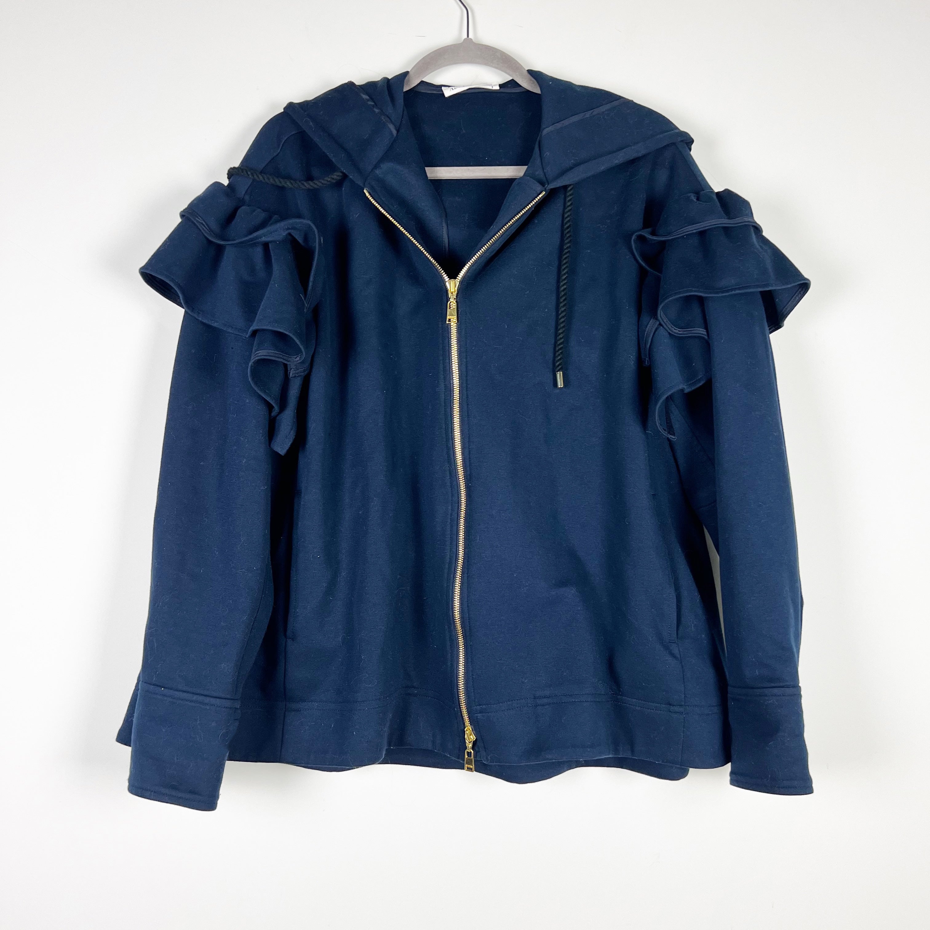 Adeam Ruffle Trim Flirty Cotton Blend Full Zip Casual Sweatshirt Hoodie Jacket L