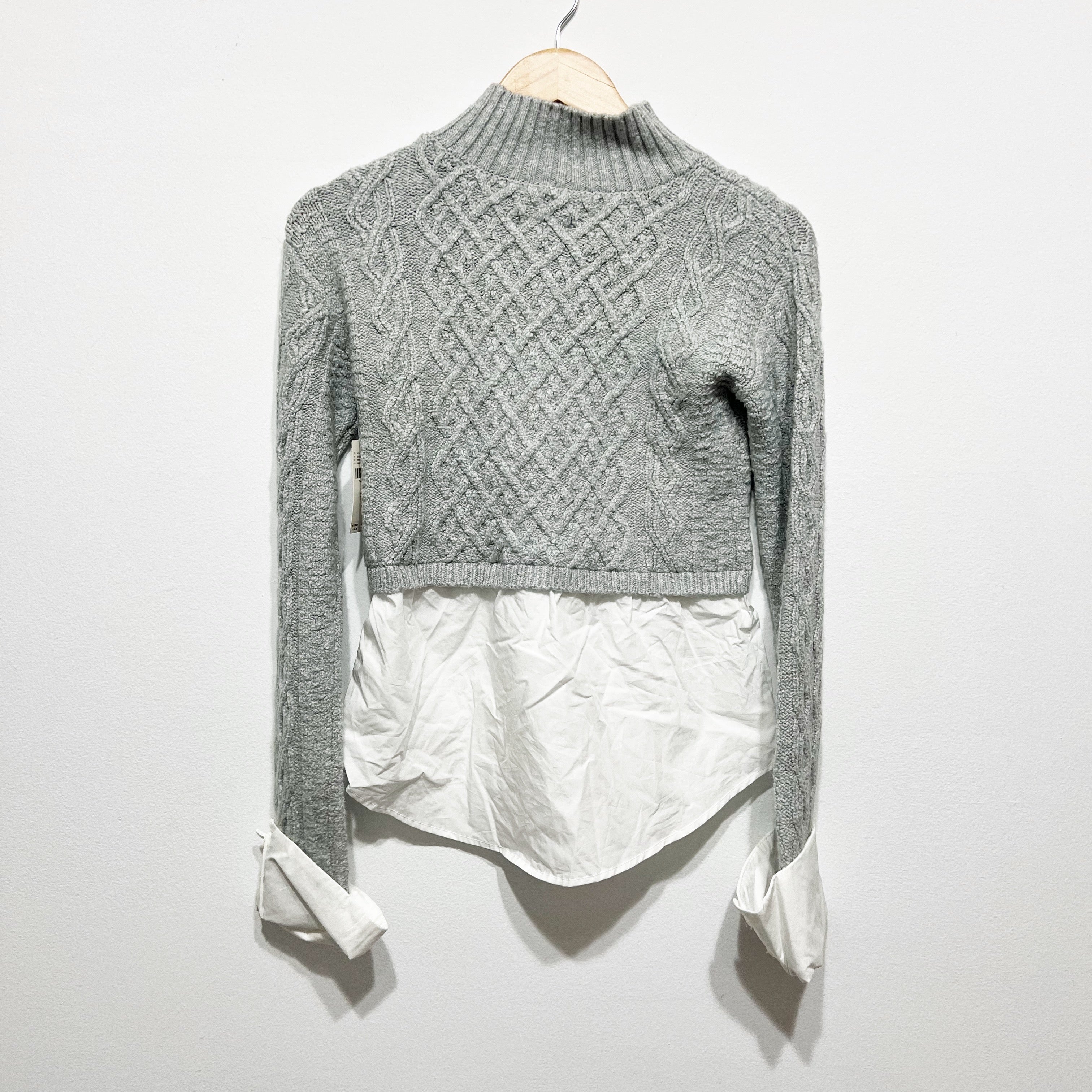 NEW Maeve Anthropologie Cotton Cable Knit Crew Neck Sweater Overlay Gray White