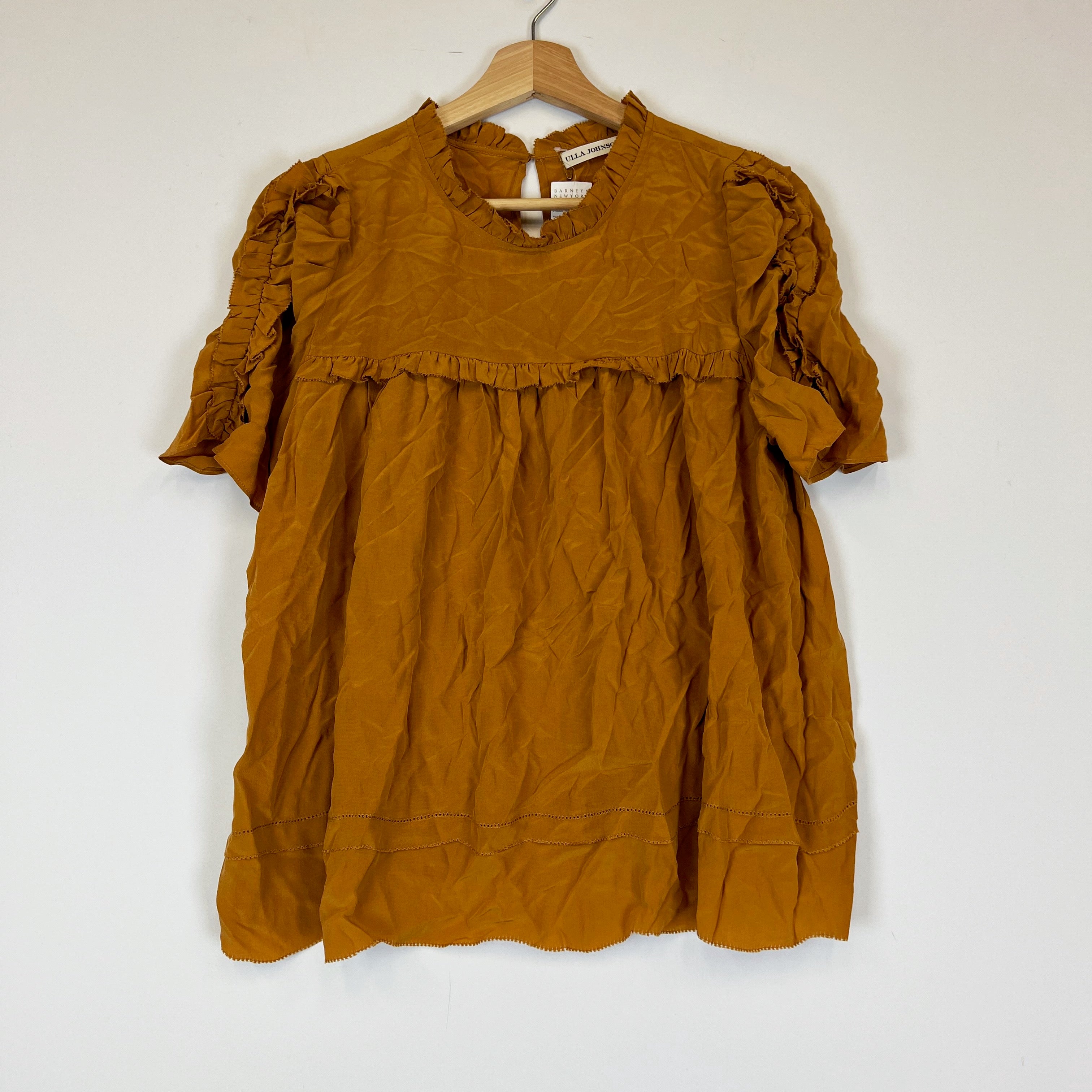 NEW Ulla Johnson Silk Chiffon Ruffle Pleated Short Sleeve Blouse Goldenrod 10