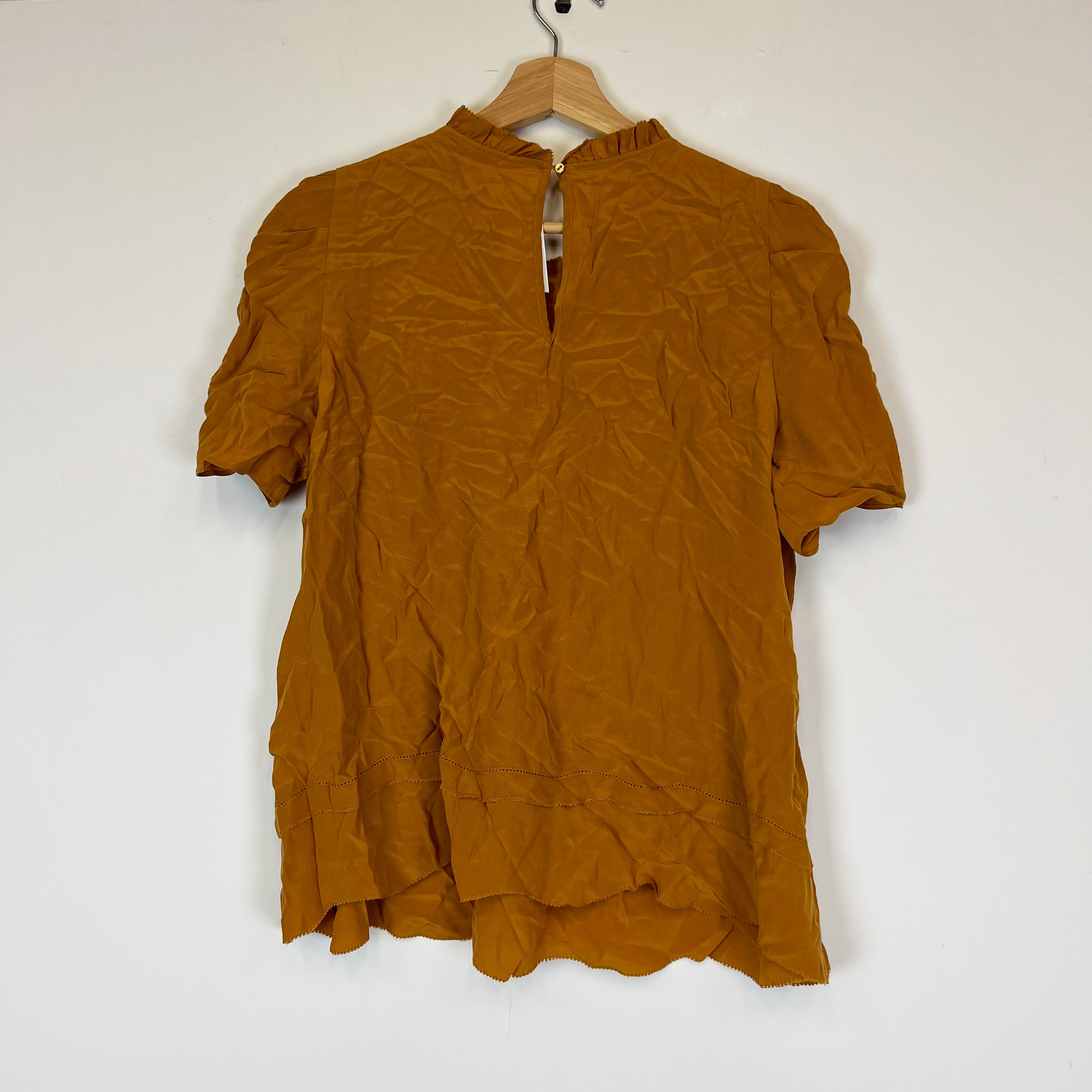 NEW Ulla Johnson Silk Chiffon Ruffle Pleated Short Sleeve Blouse Goldenrod 10