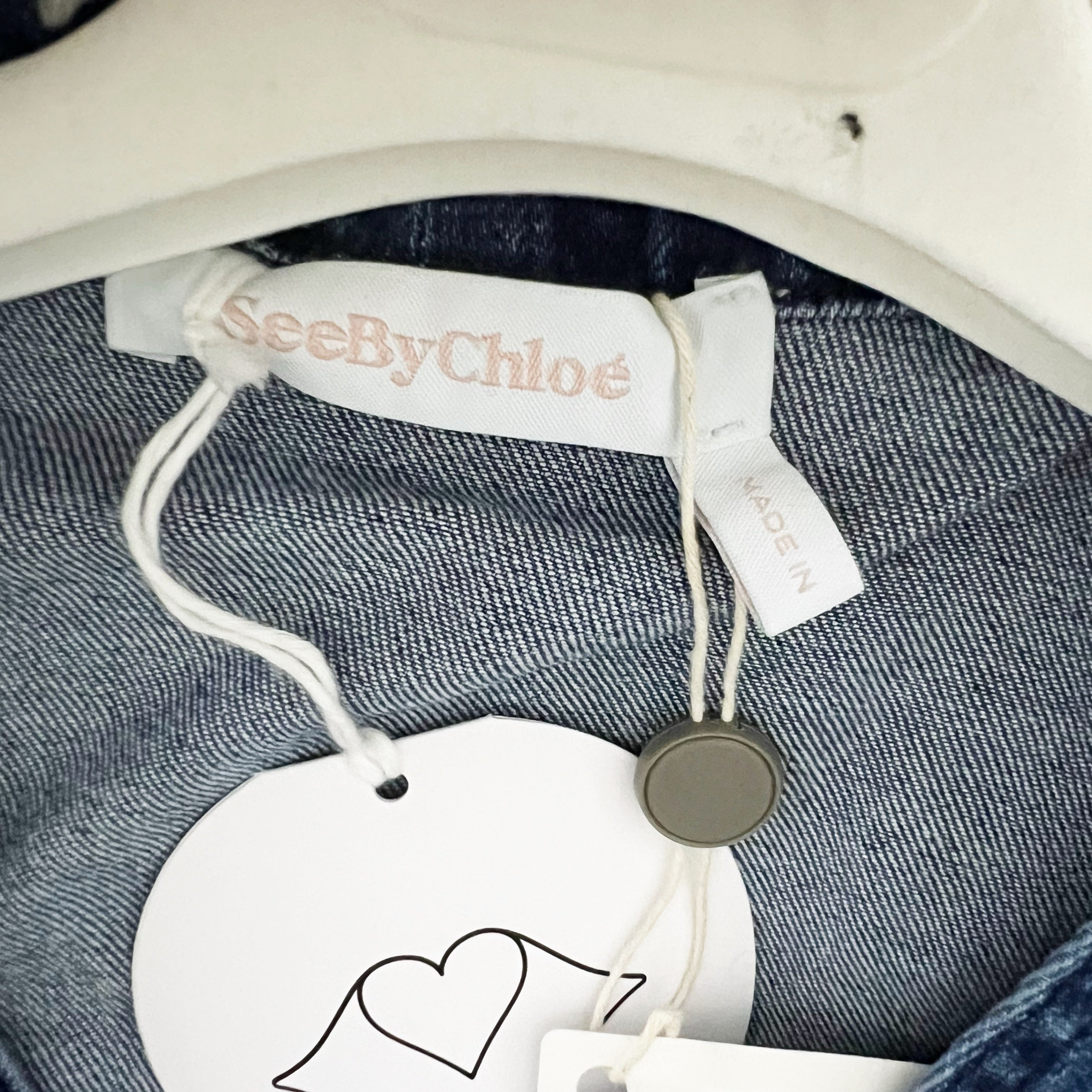 NEW See By Chloe Made In Italy Cotton Stretch Denim Jean Tie Neck Blouse Shirt