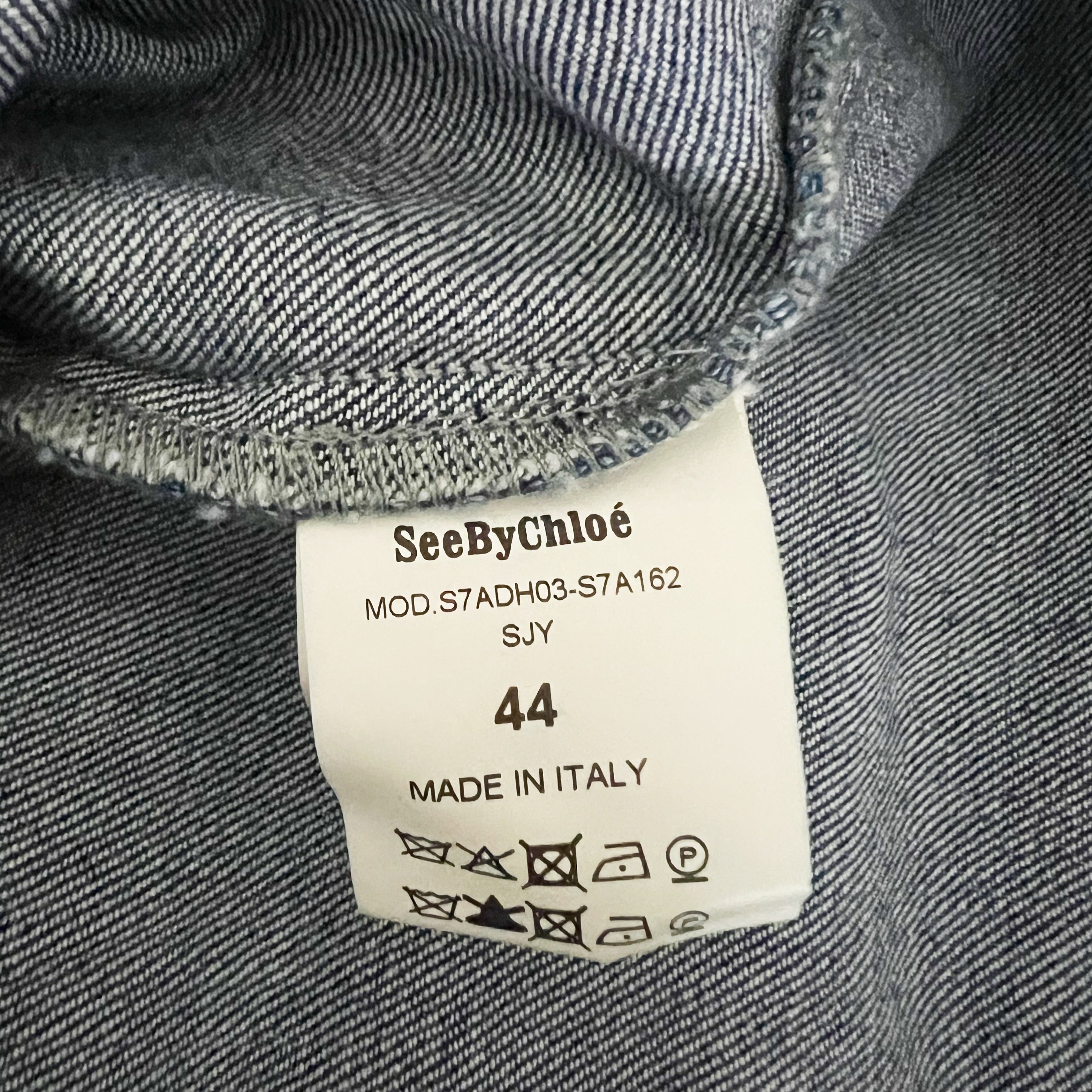 NEW See By Chloe Made In Italy Cotton Stretch Denim Jean Tie Neck Blouse Shirt