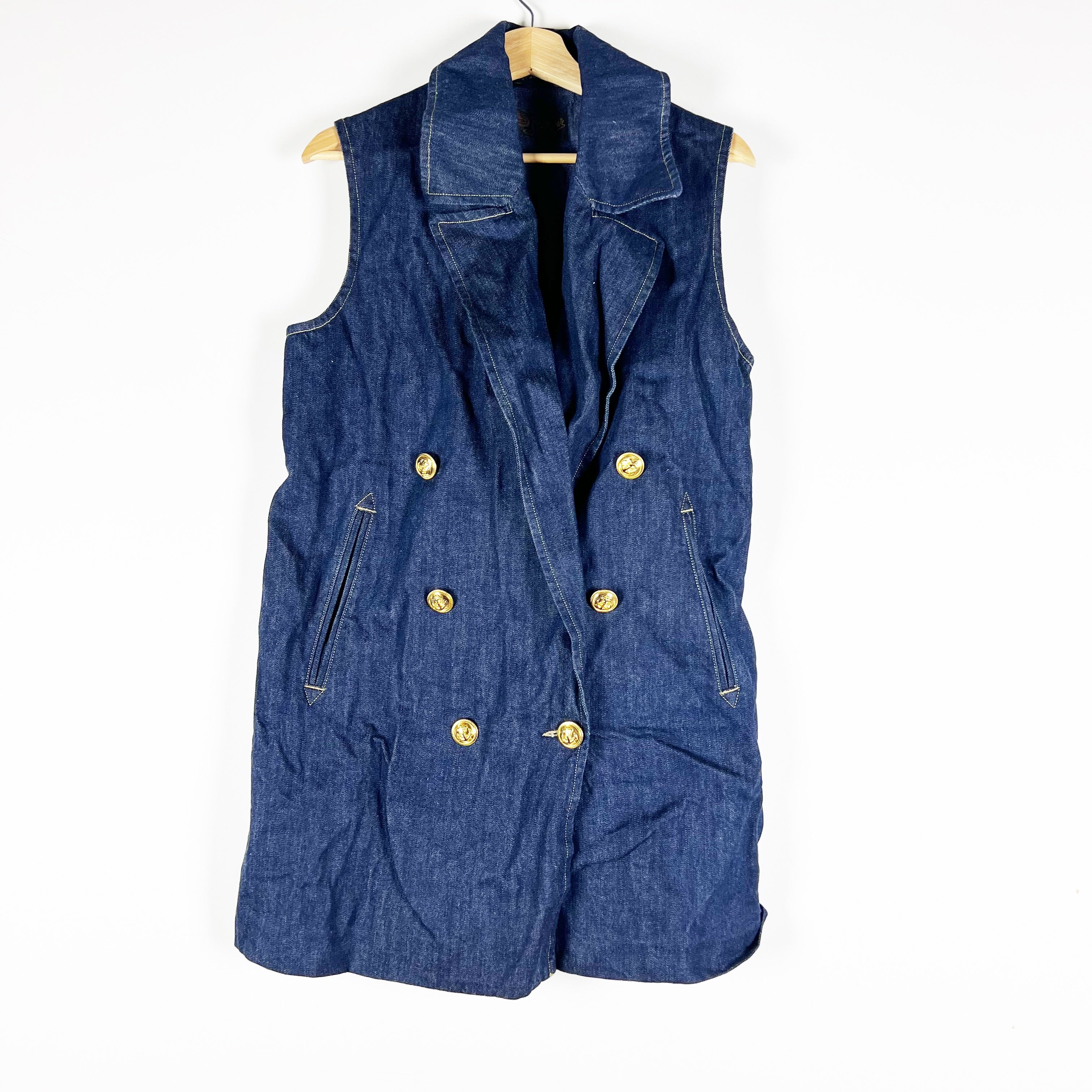 NEW Seafarer Cotton Denim Jean Sleeveless Double Breasted Jacket Vest Navy Blue