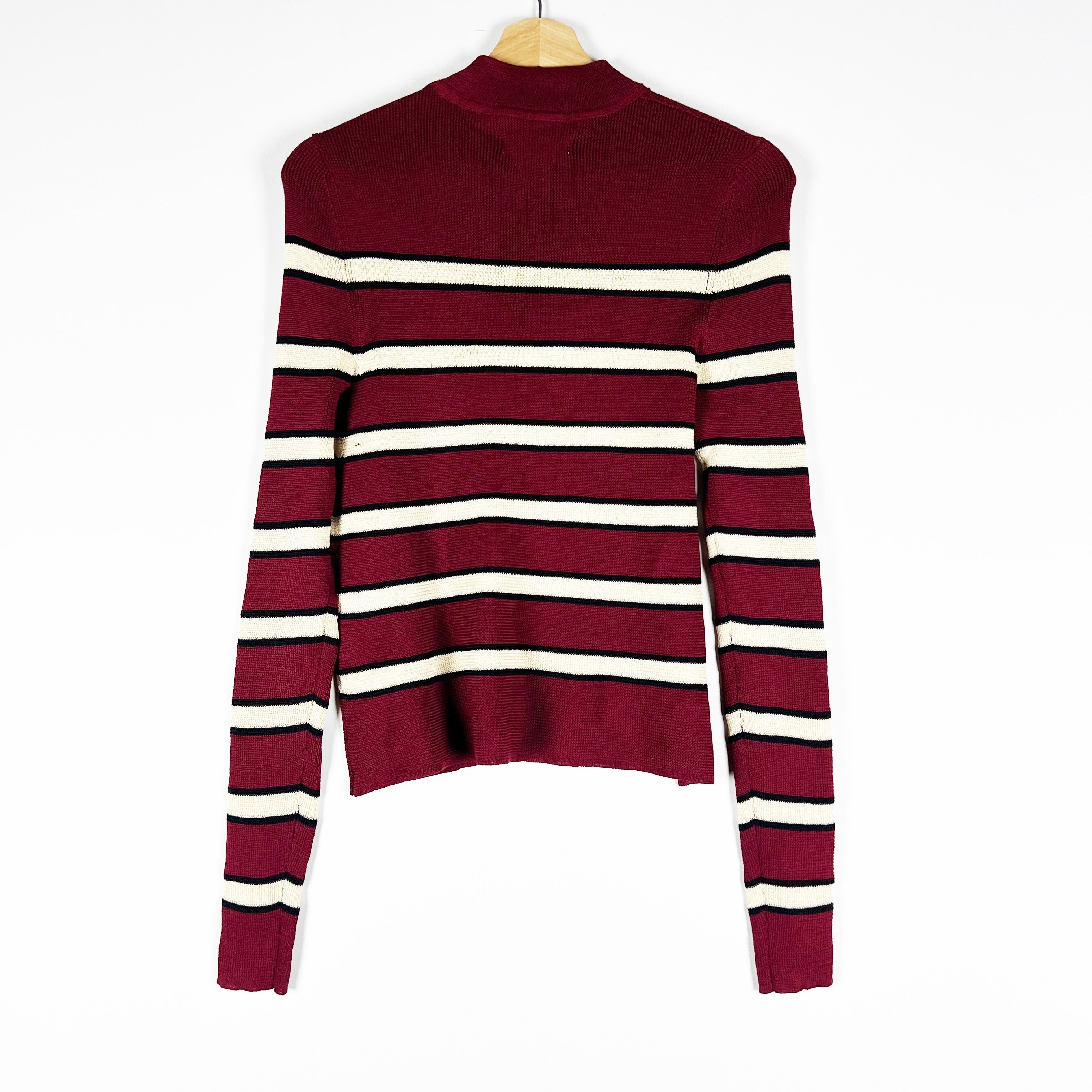 NEW Isabel Marant Devona Mock Neck Button Detail Burgundy Stripe Sweater Large