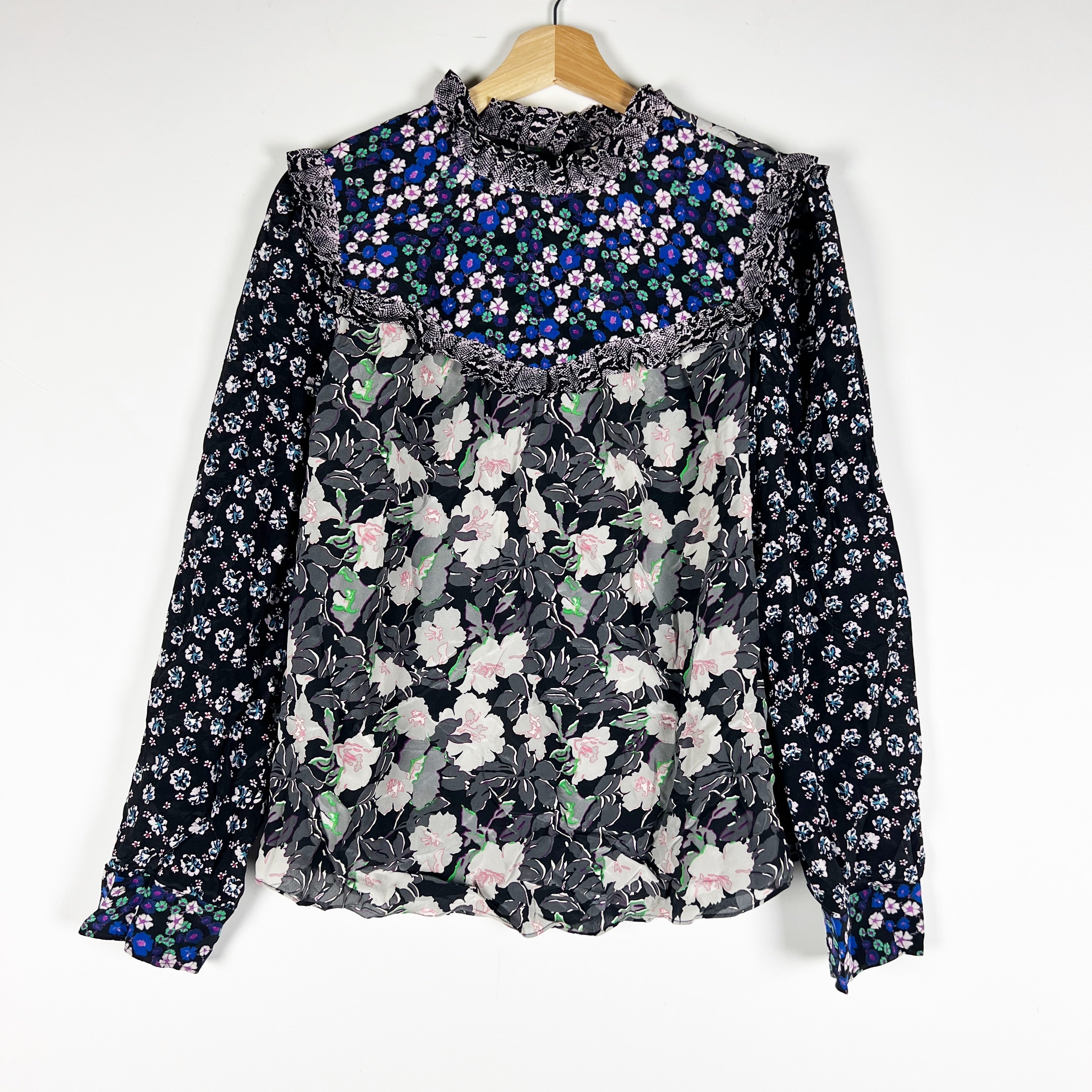 NEW Rebecca Taylor Long Sleeve Patch Print Floral Ruffle Silk Chiffon Blouse Top