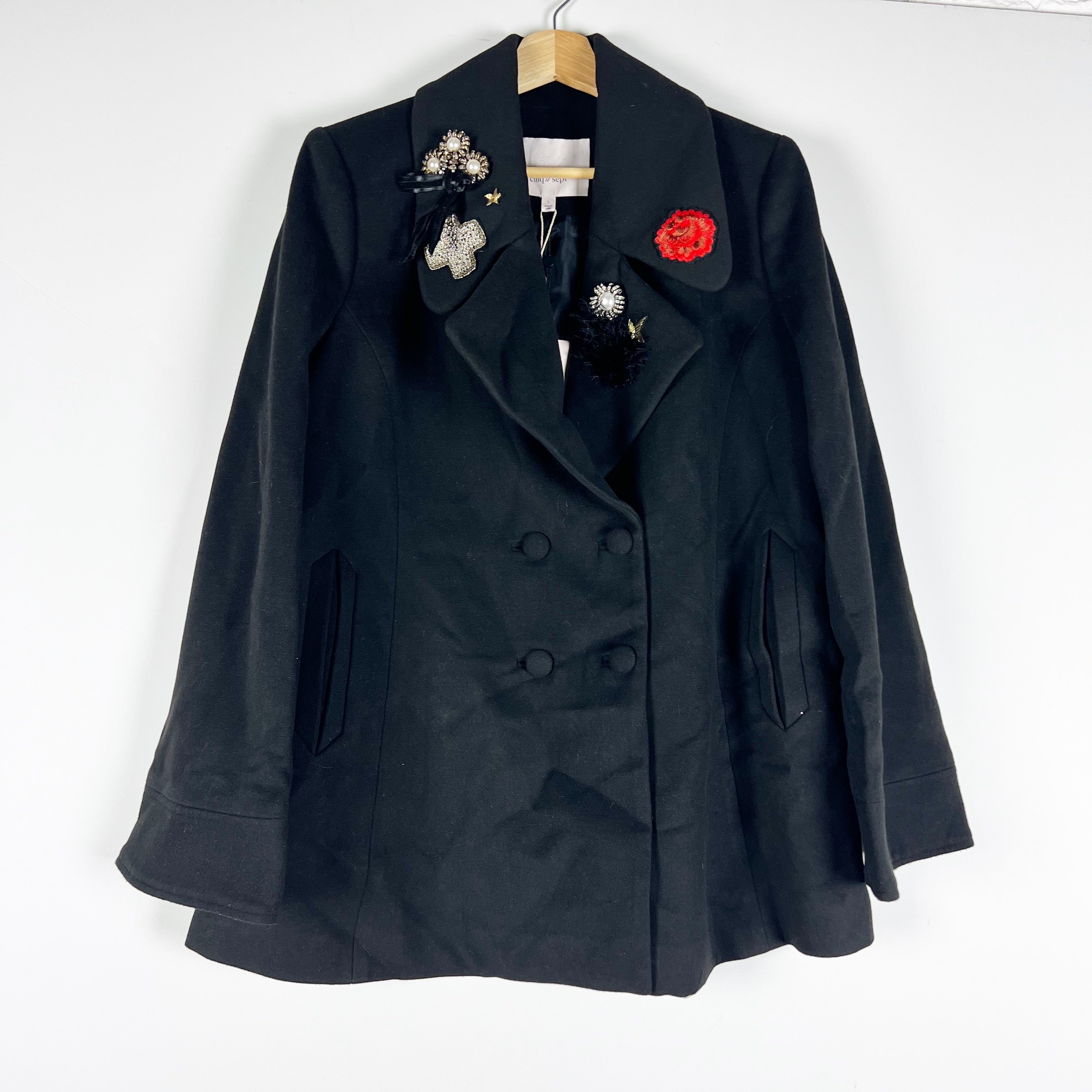 NEW Cinq A Sept Ophelia Jewel Crystal Diamond Embellished Coat Jacket Black L