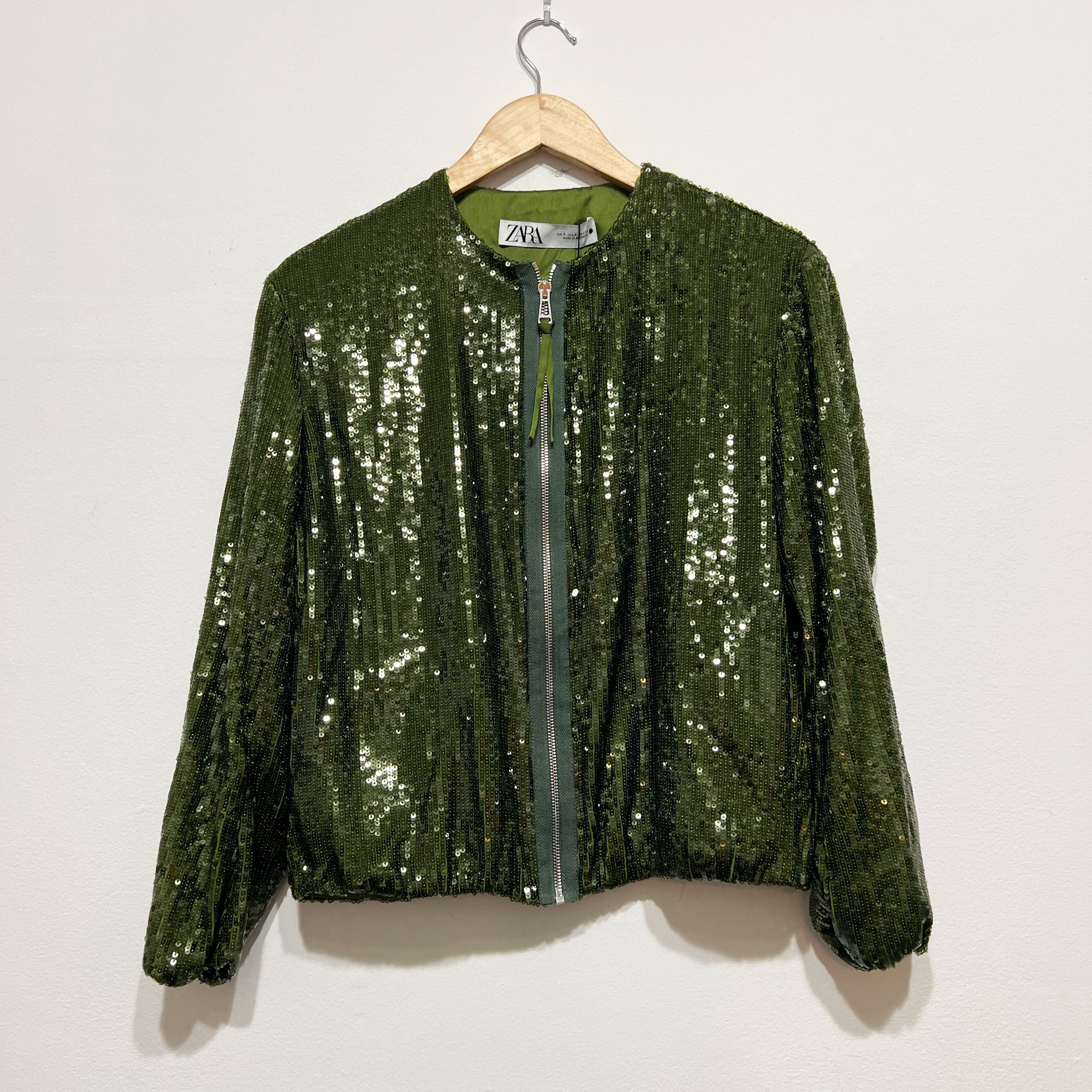 NEW Zara Allover Green Sequin Sparkle Embellished Full Zip Bomber Jacket Small