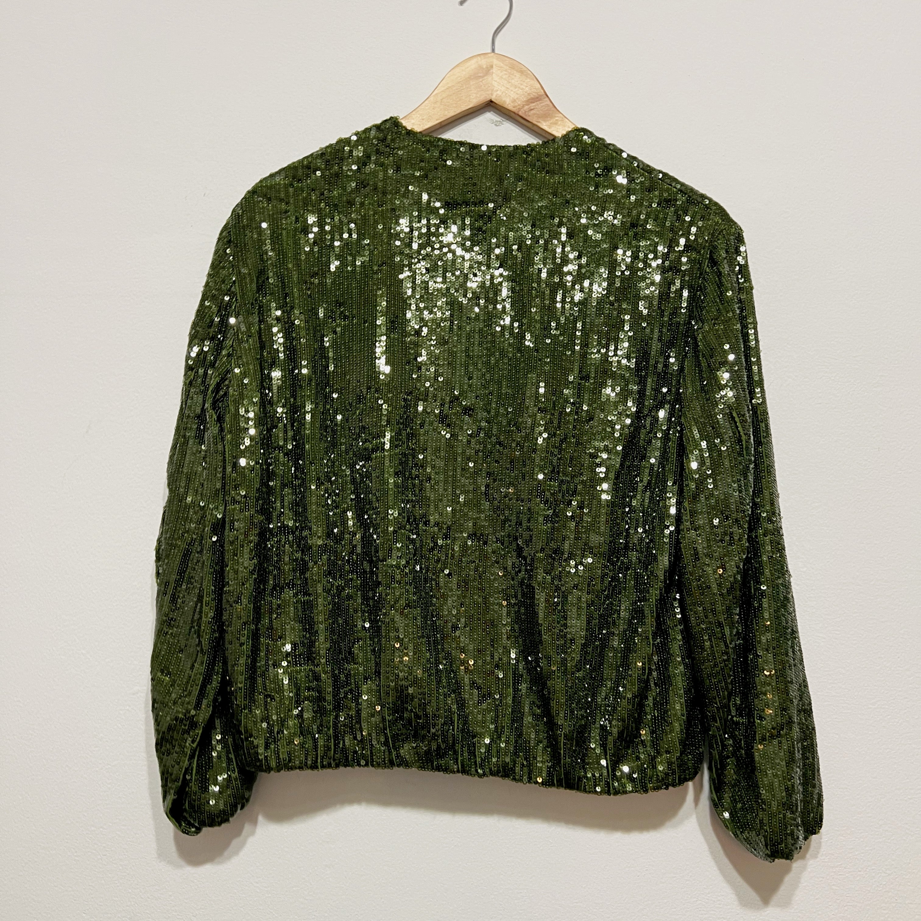 NEW Zara Allover Green Sequin Sparkle Embellished Full Zip Bomber Jacket Small