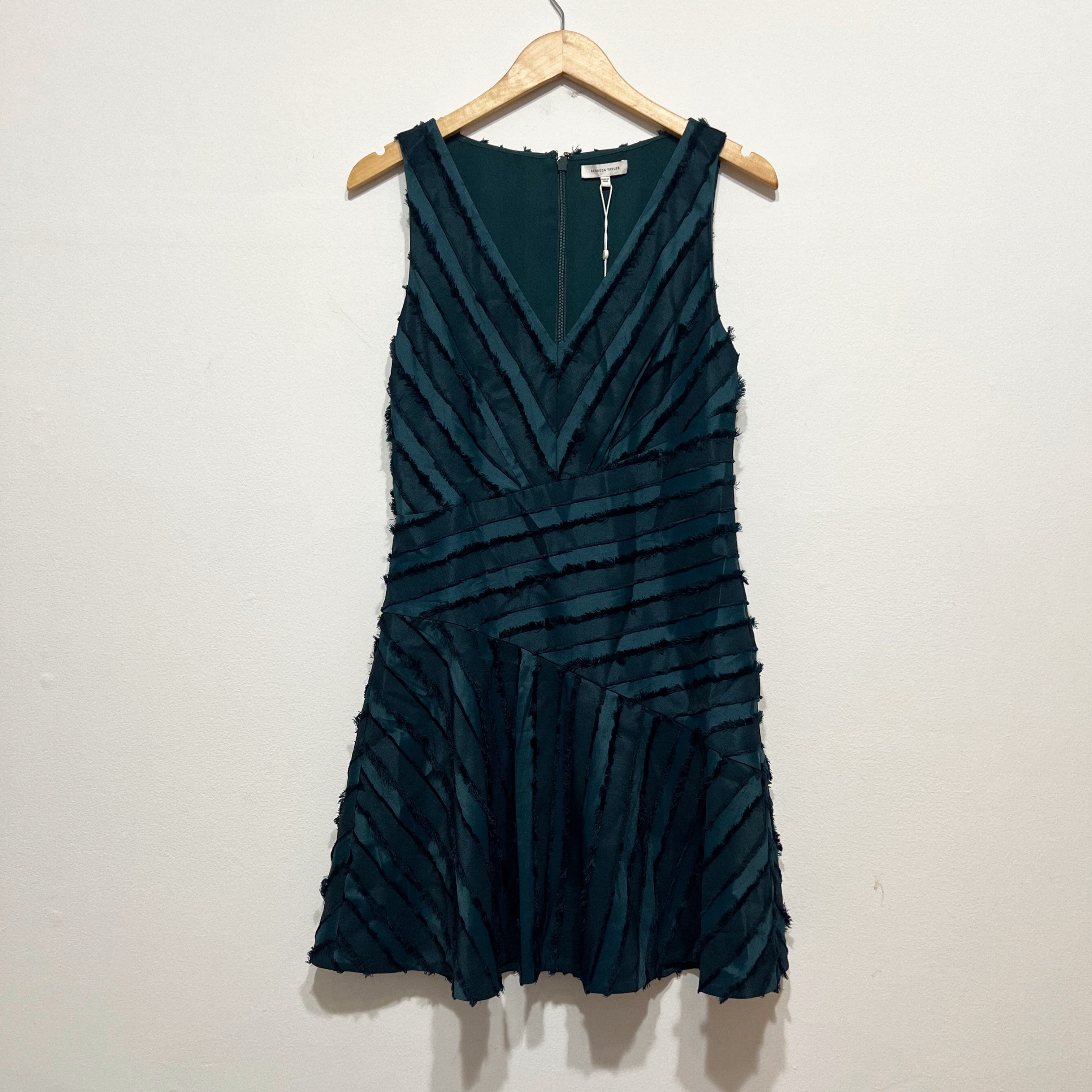 NEW Rebecca Taylor Eyelash Asymmetrical Seamed Green Navy Mini Dress 4