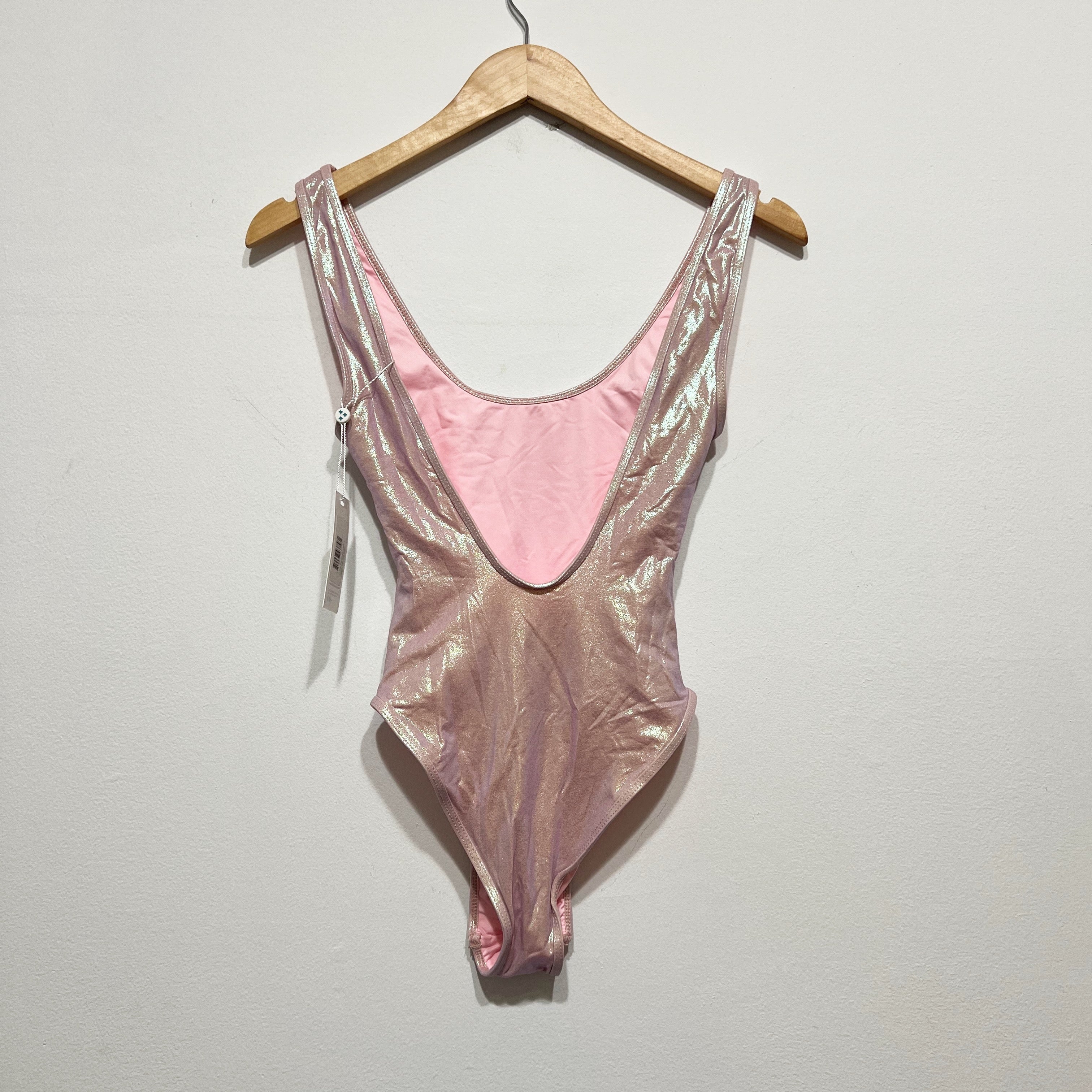 NEW Frankies Bikinis Kyle Iridescent One Piece Swimsuit Gilded Angel Pink Small