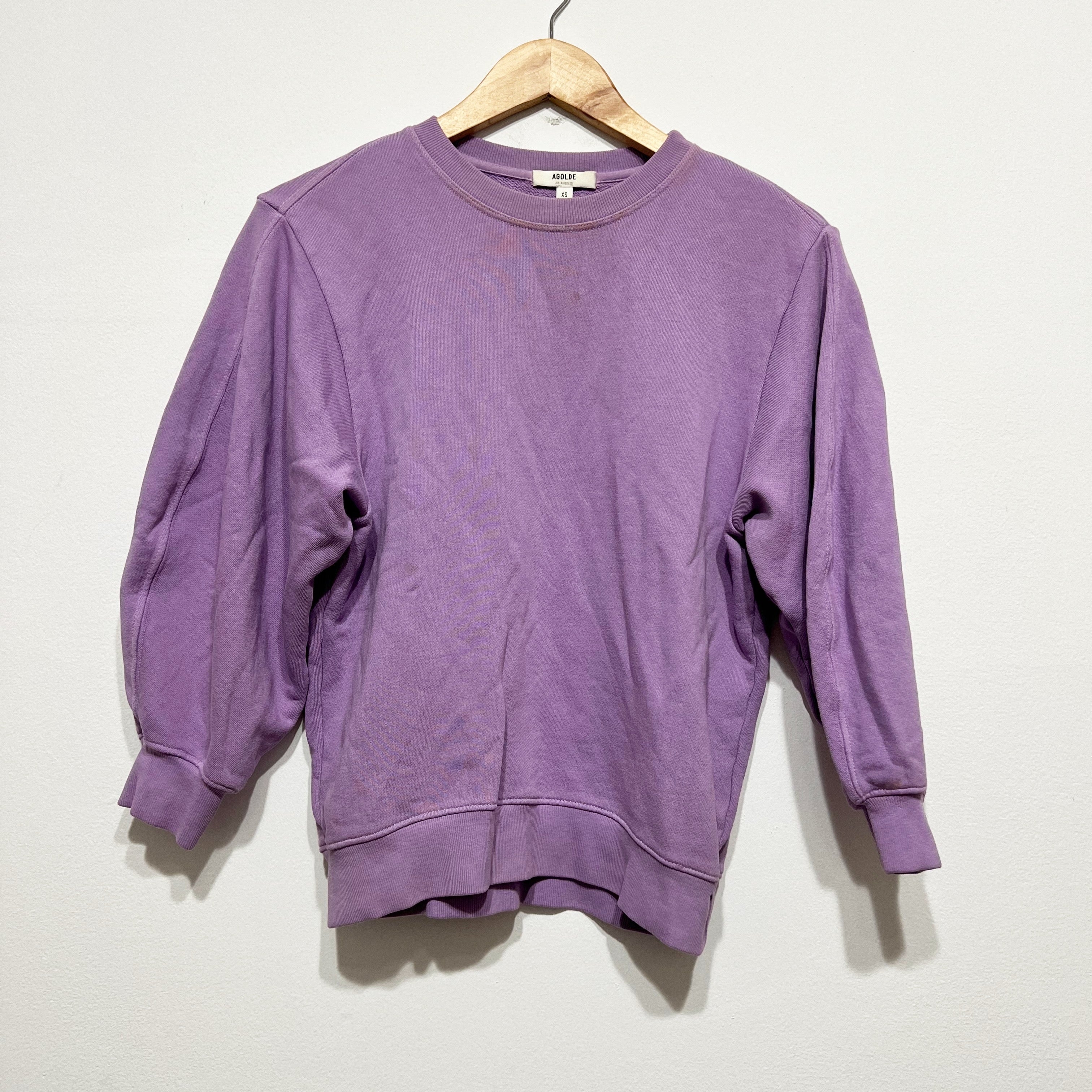 Agolde Thora Balloon Sleeve Cotton Terry Crew Neck Pullover Sweatshirt Purple XS