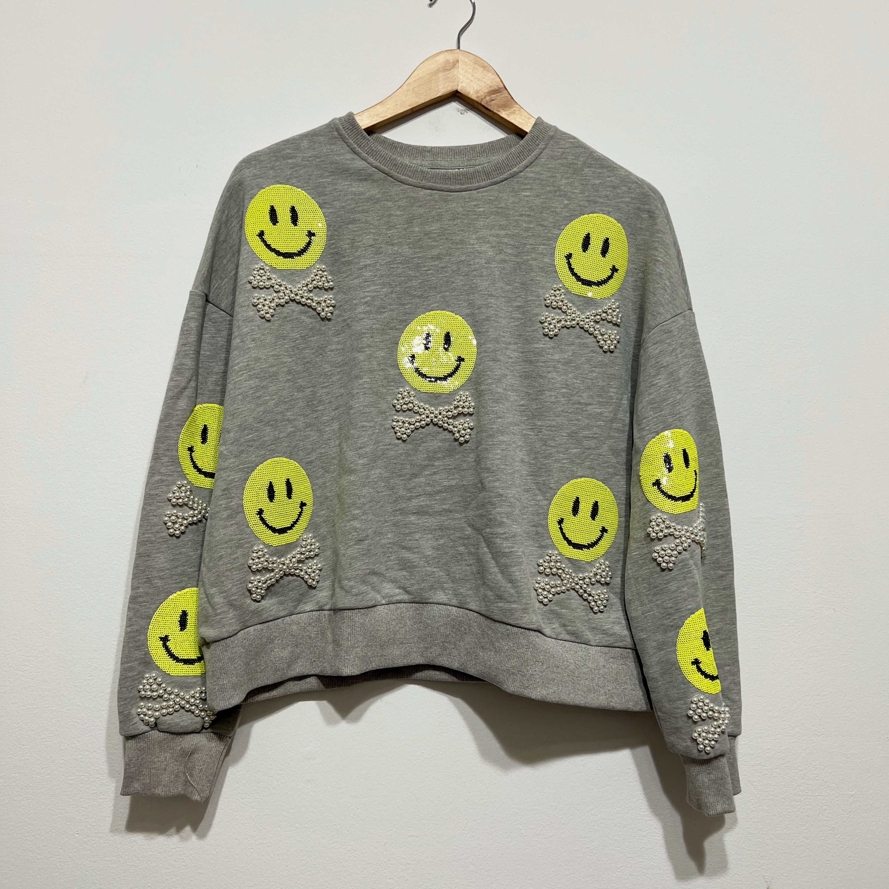 Queen Of Sparkles Smiley Face Skull Crossbones Sequin Pearl Embellished Sweater