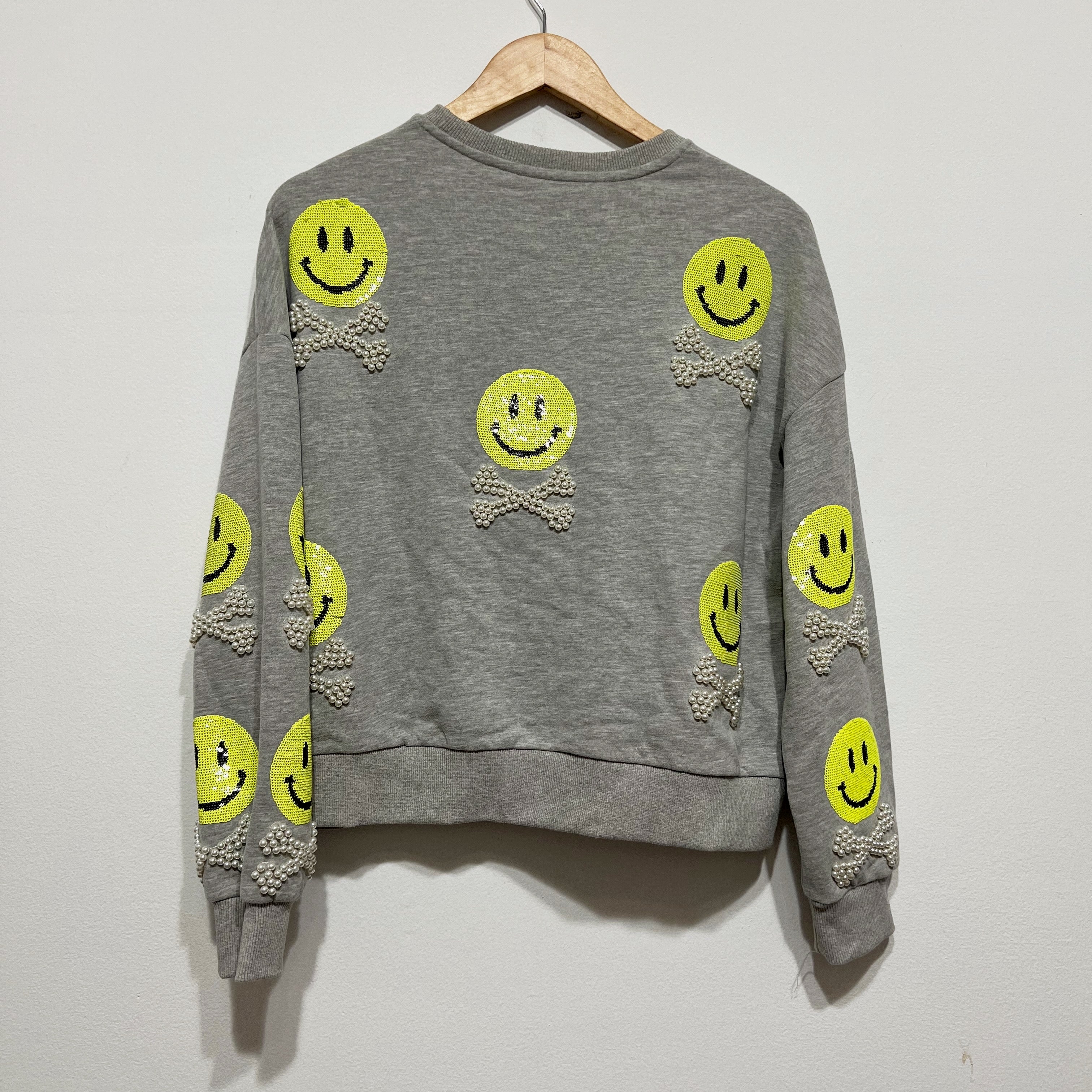 Queen Of Sparkles Smiley Face Skull Crossbones Sequin Pearl Embellished Sweater