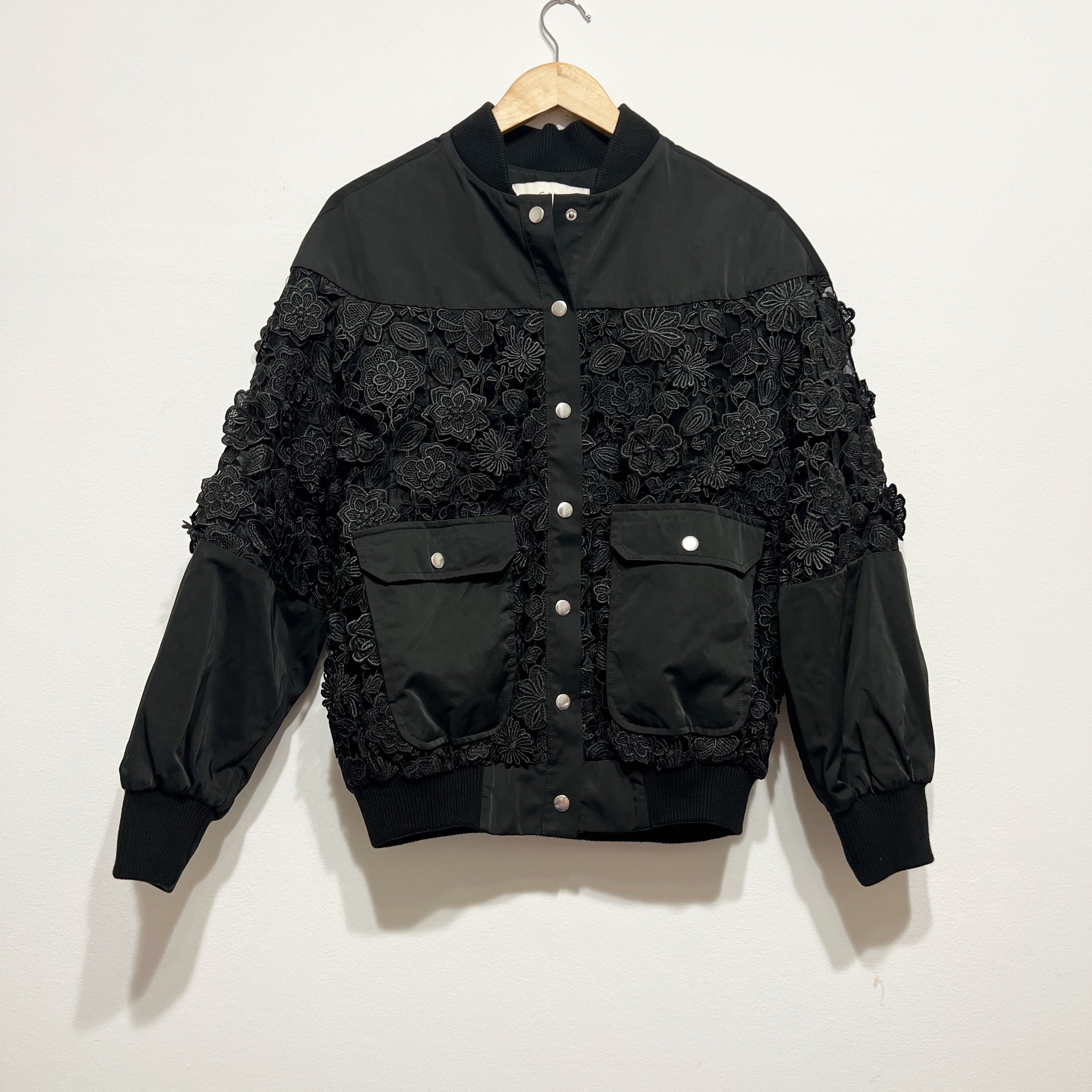 Cami NYC Ramsey Allover Floral Flower Lace Applique Snap Button Bomber Jacket