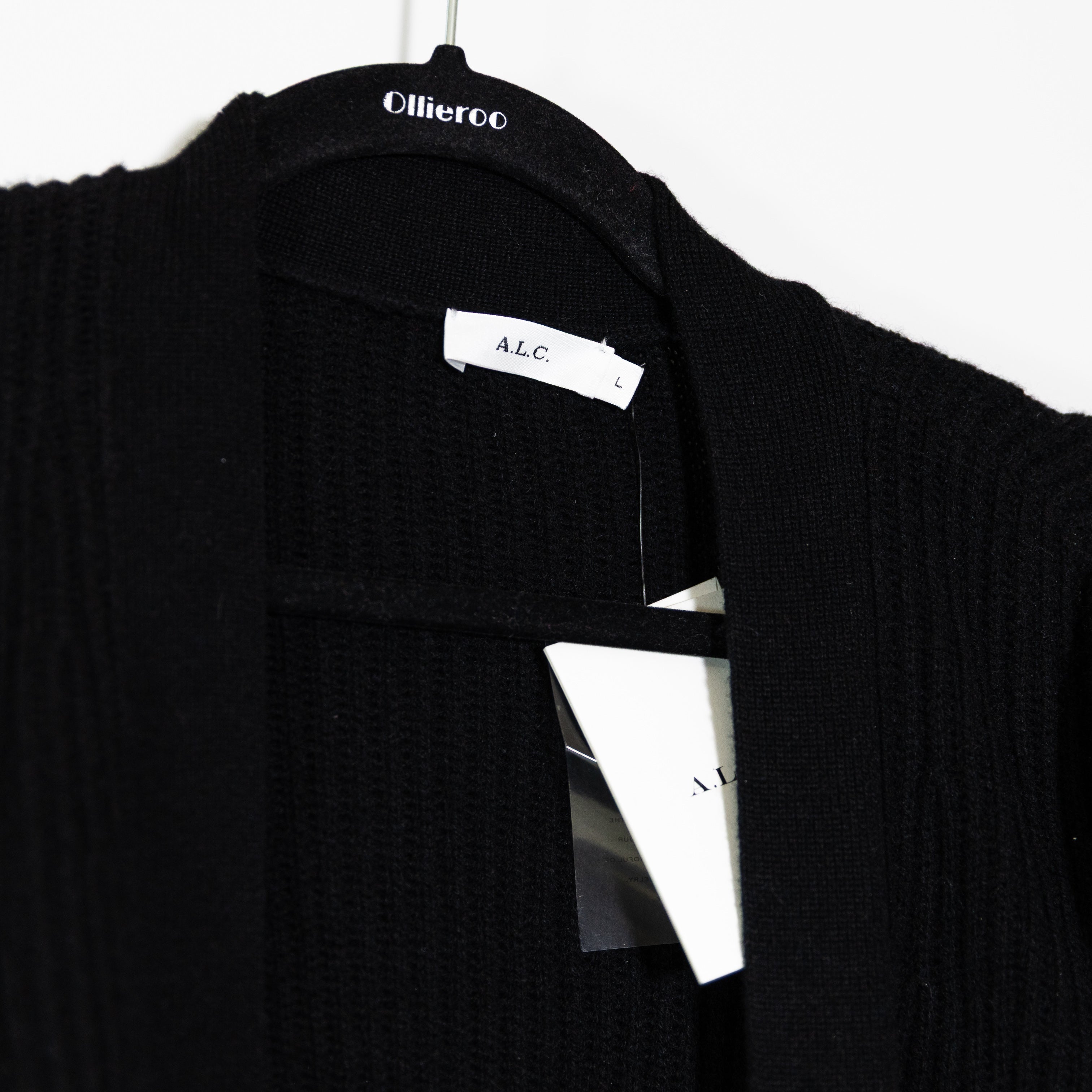 NEW A.L.C. Dion Wool Cashmere Ribbed Knit Open Front Cardigan Sweater Black L
