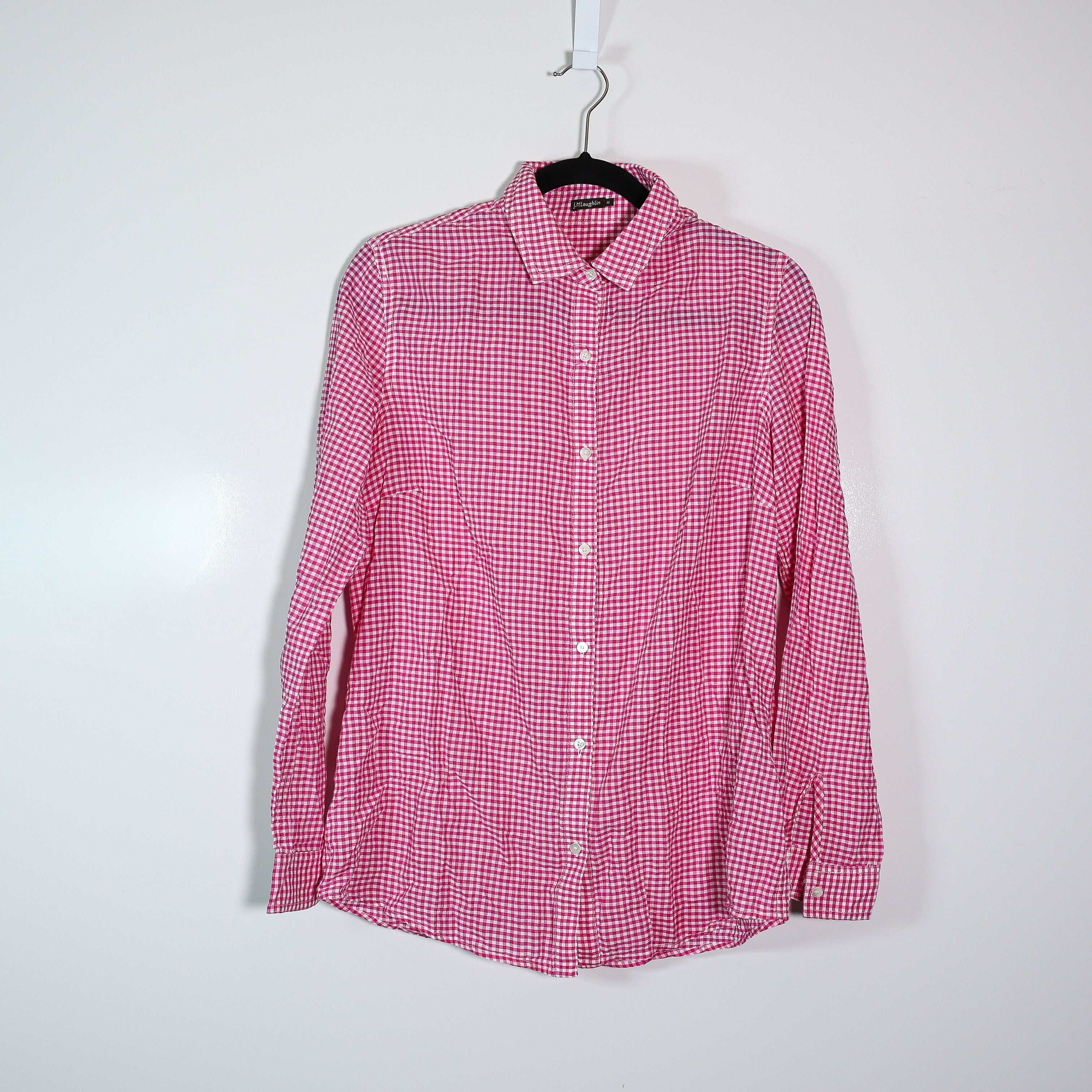 J. McLaughlin Cotton Stretch Collar Button Down Long Sleeve Blouse Pink Gingham