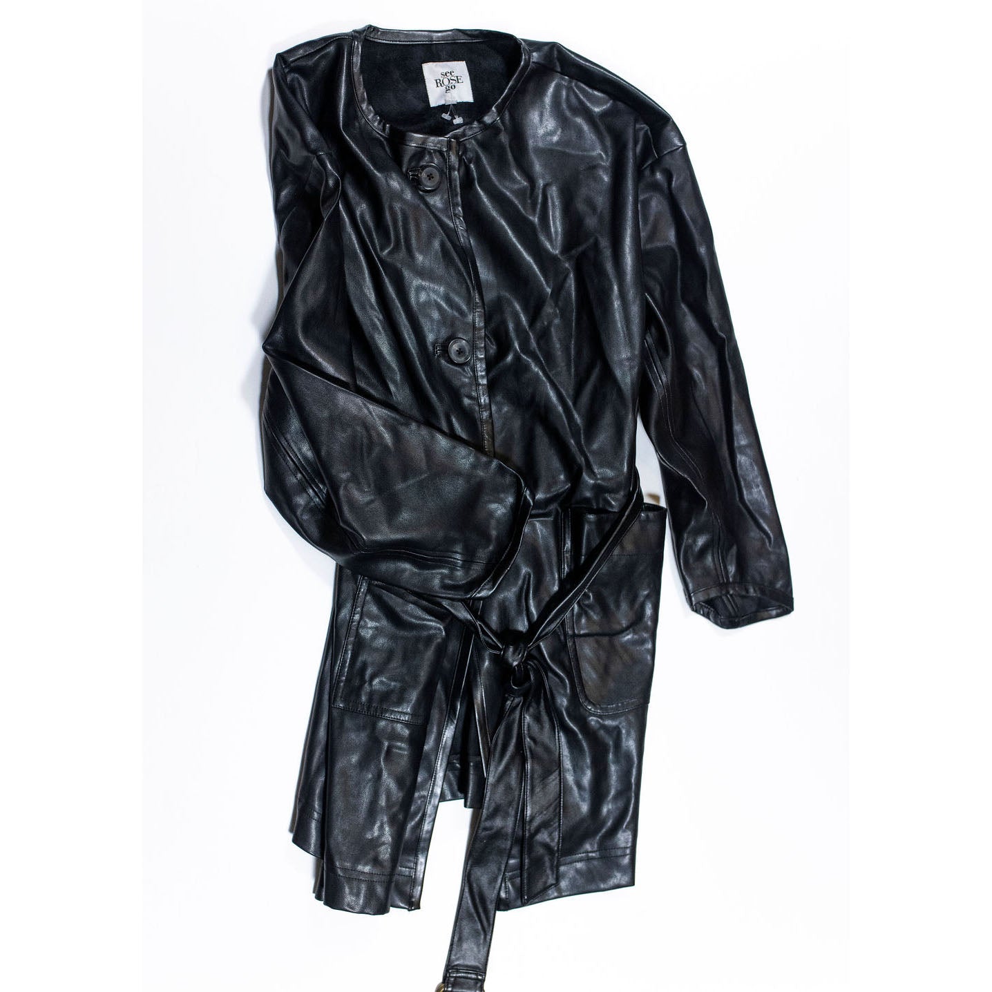 See Rose Go You Go Girl Graphic Vegan Faux Ultra Soft Leather Trench Coat Jacket