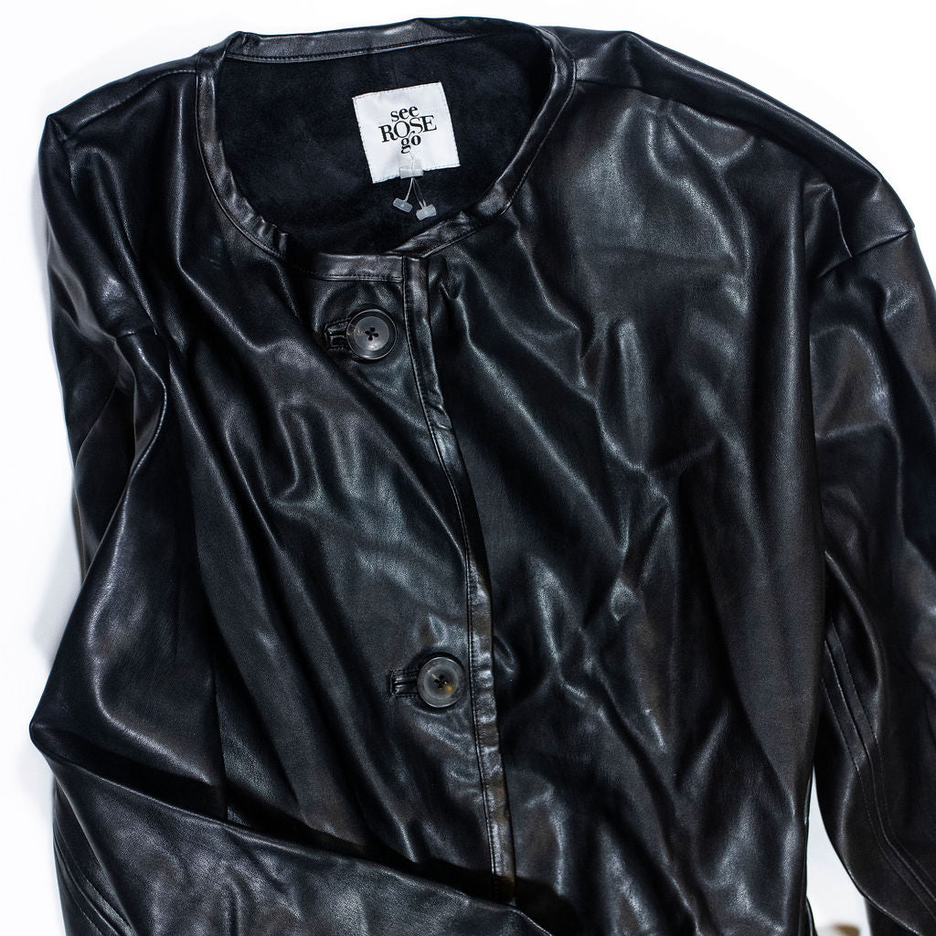 See Rose Go You Go Girl Graphic Vegan Faux Ultra Soft Leather Trench Coat Jacket