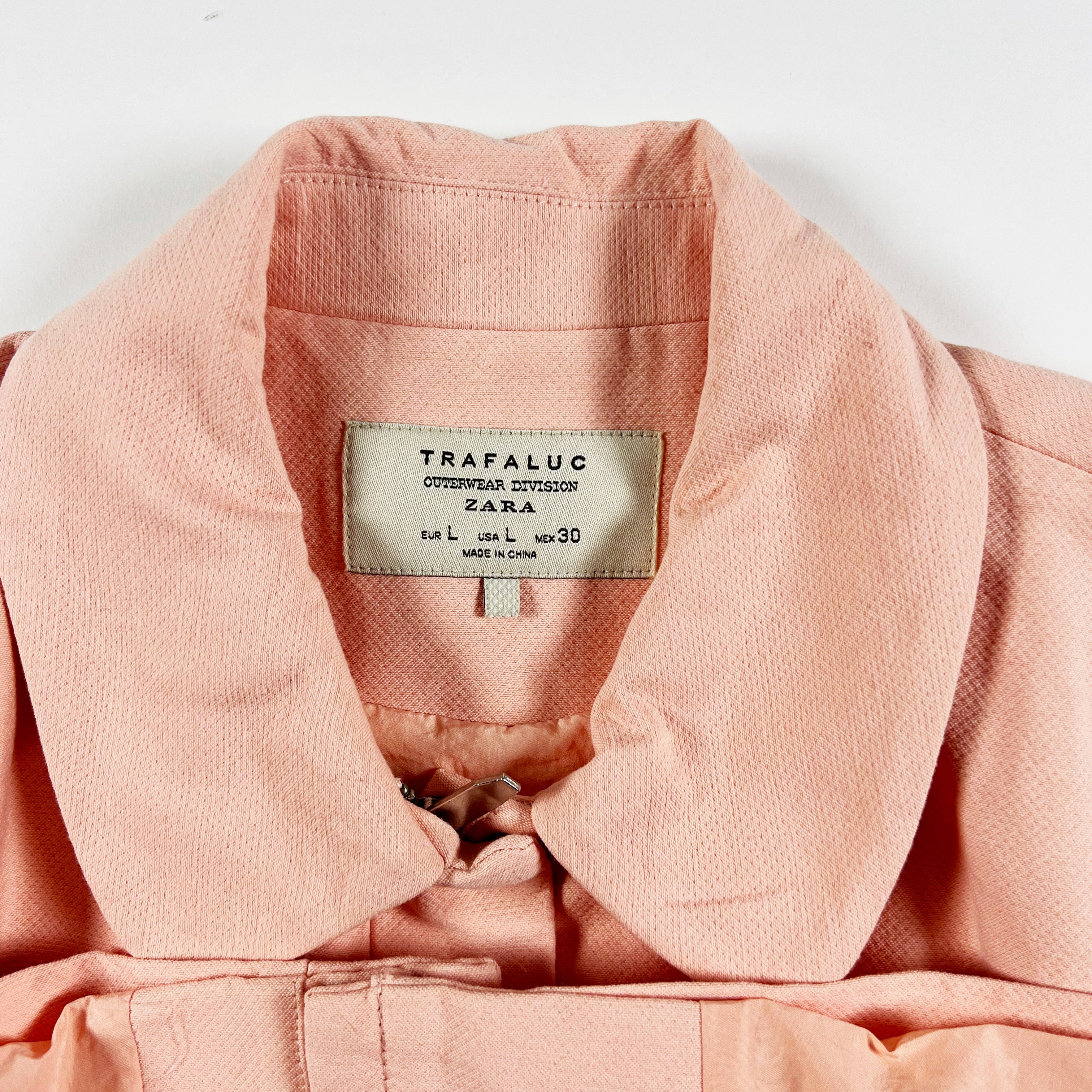 Zara Cotton Linen Blend Collared Full Zip Long Pea Coat Overcoat Jacket Pink L