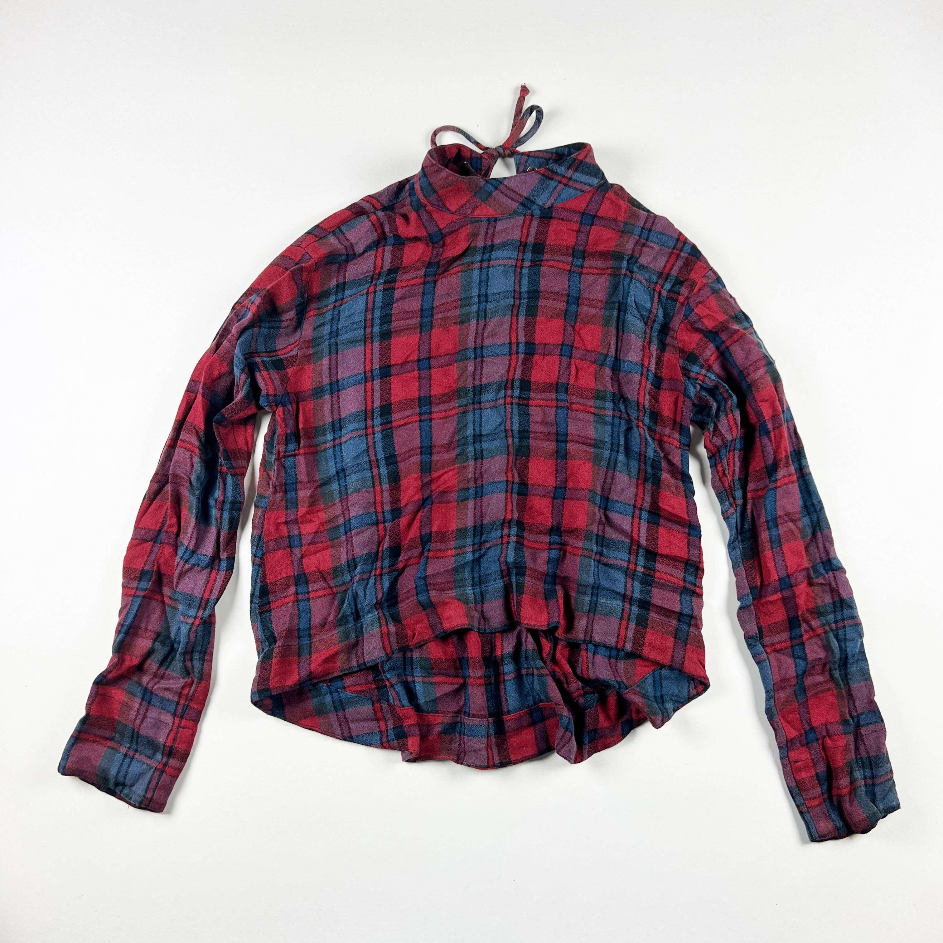 Bella Dahl High Neck Long Sleeve Tie Up Plaid Print Pattern Blouse Shirt Top M
