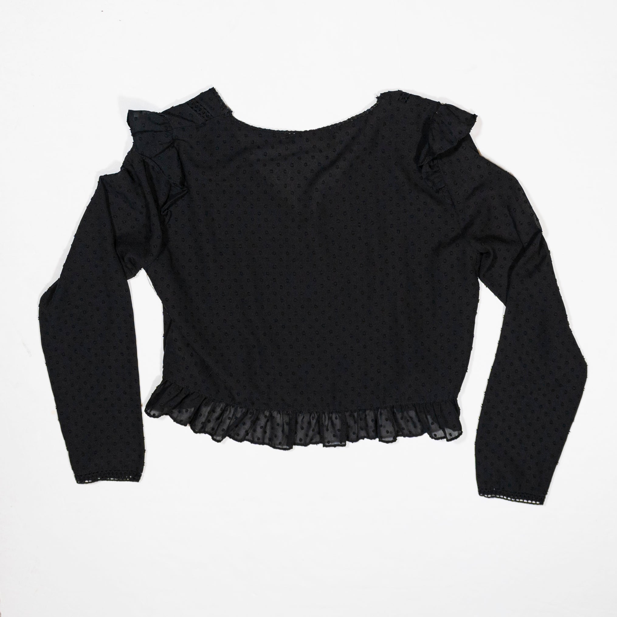 Zara Chiffon Semi Sheer Swiss Dot Flirty Ruffle Button Front Long Sleeve Blouse