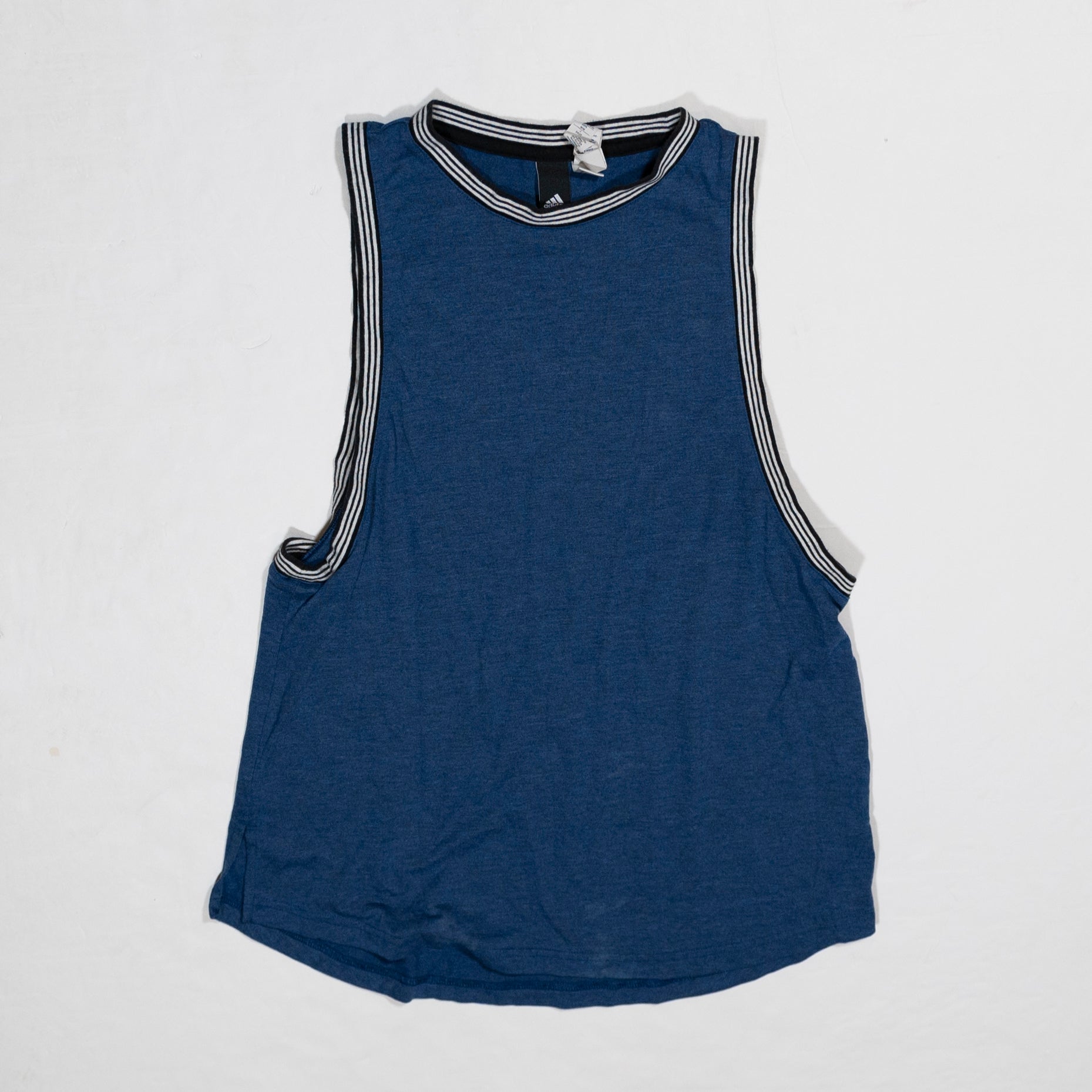 Adidas Women's Crew Neck Sleeveless Stripe Trim Muscle Tank Top Shirt Blue S