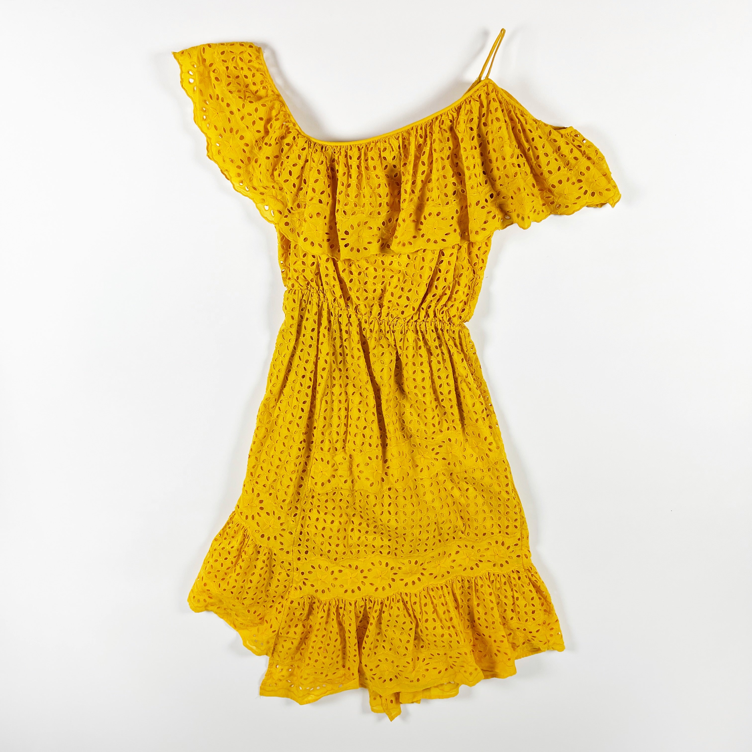 Joie Corynn Cotton Eyelet Lace Ruffle Off The Shoulder Tiered Midi Dress Yellow