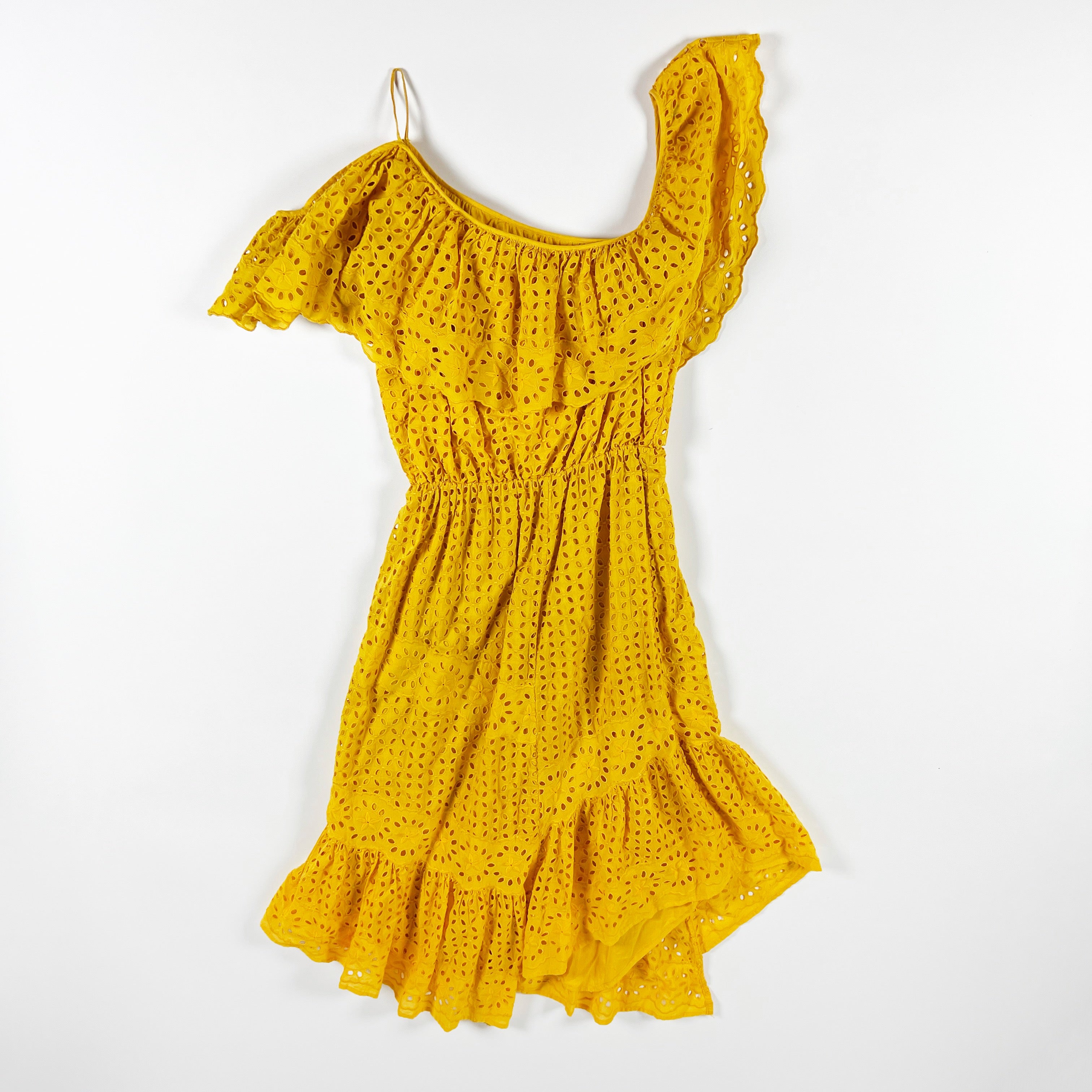 Joie Corynn Cotton Eyelet Lace Ruffle Off The Shoulder Tiered Midi Dress Yellow