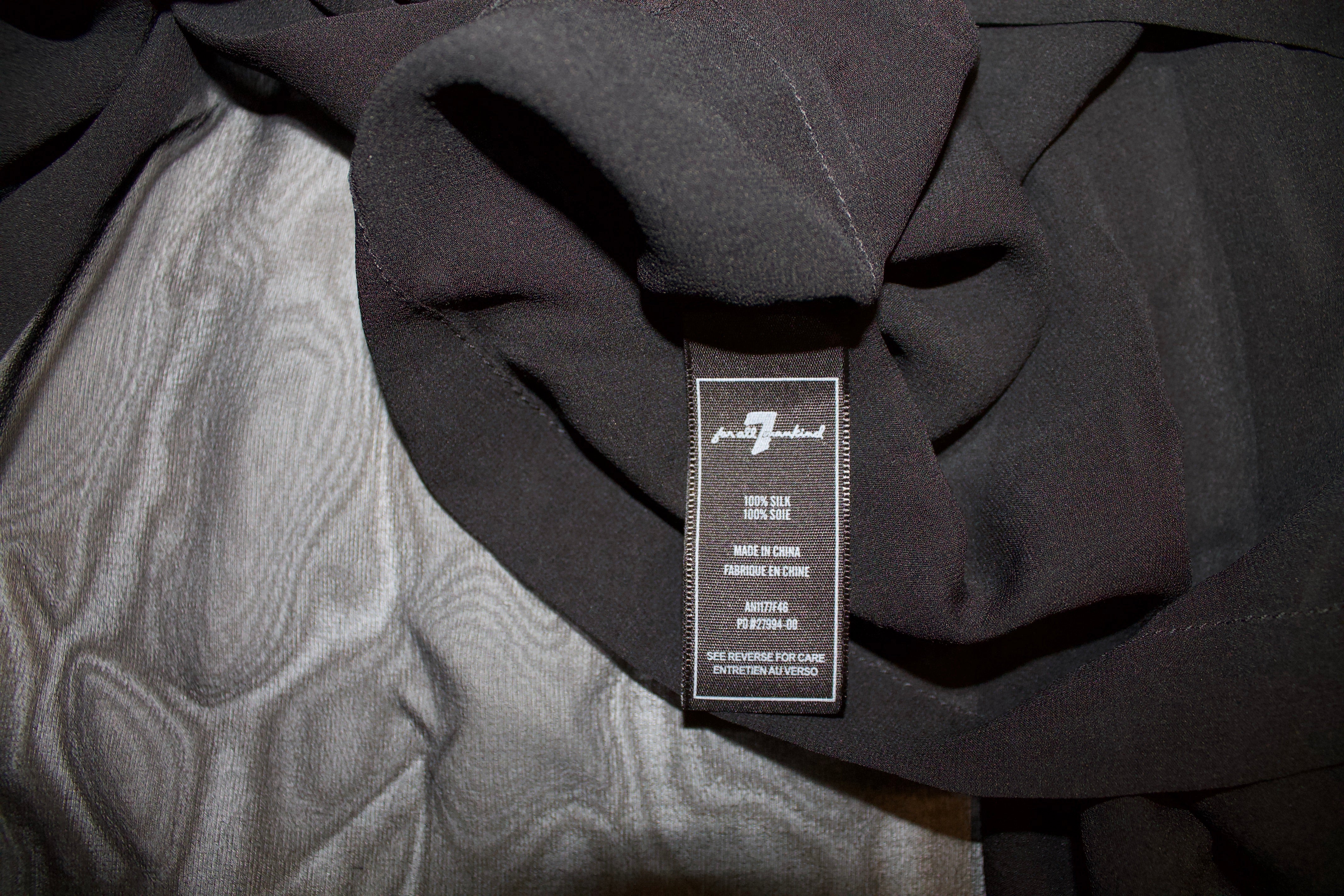 NEW 7 For All Mankind 100% Silk Chiffon Black Cheer Long Sleeve Blouse Shirt Top