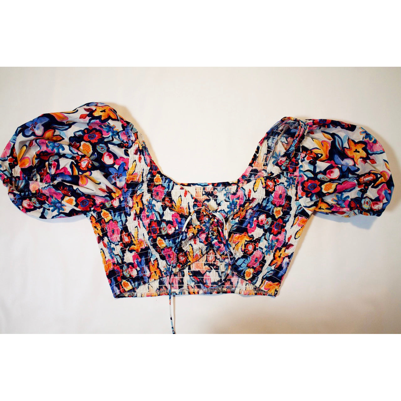 Aura My Hope Haven Navy Floral Print Puff Sleeve Cotton Crop Top Shirt Blouse