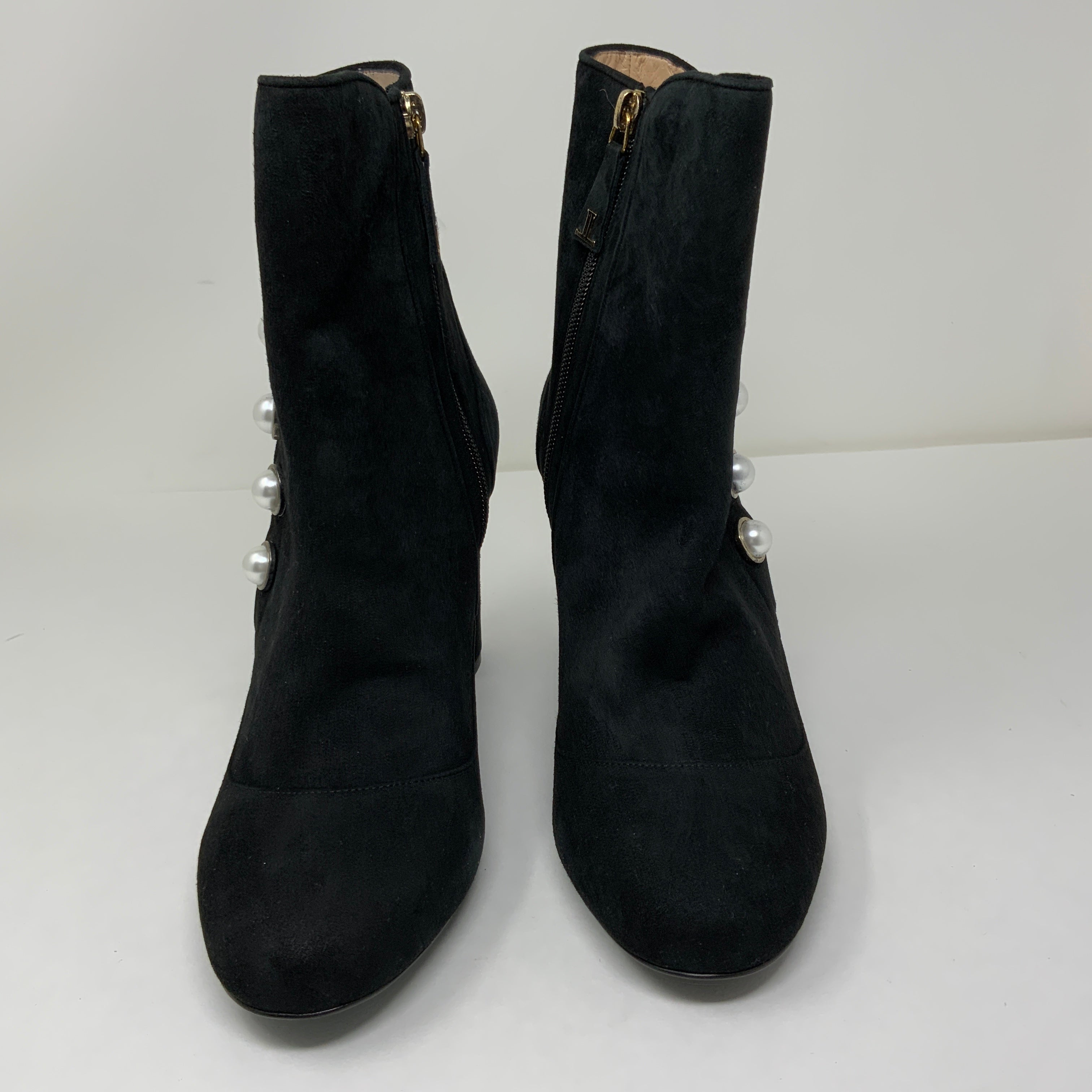 Louis Leeman Suede Leather Stacked High Heel Ankle Booties Shoes Pearl Detail