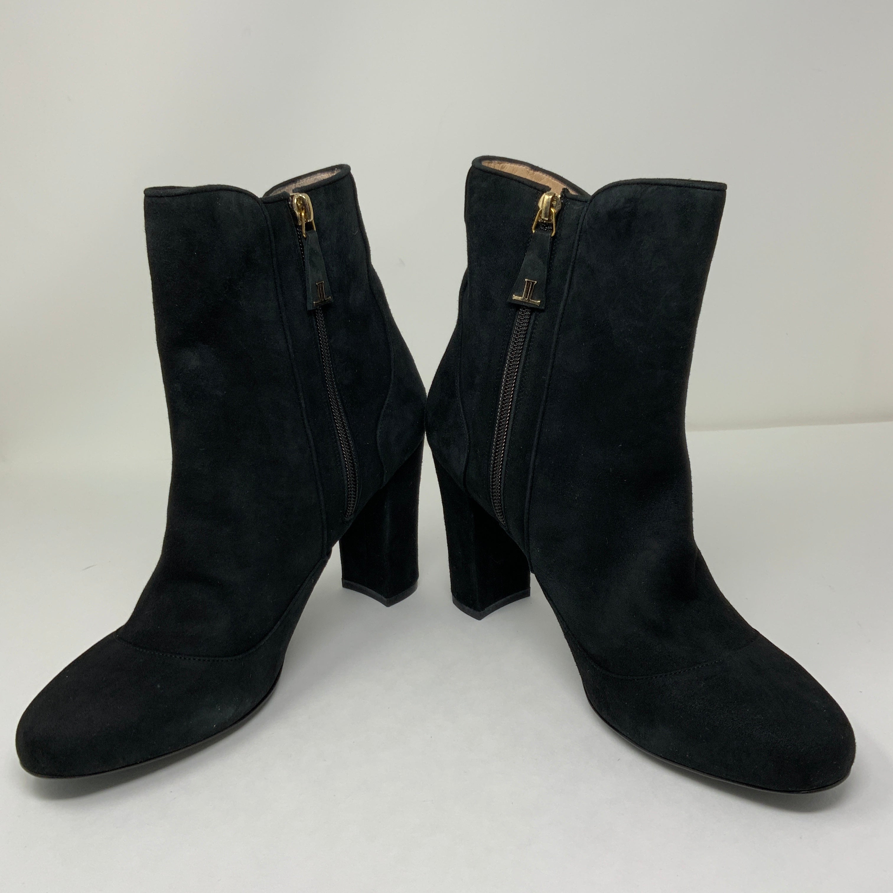 Louis Leeman Suede Leather Stacked High Heel Ankle Booties Shoes Pearl Detail