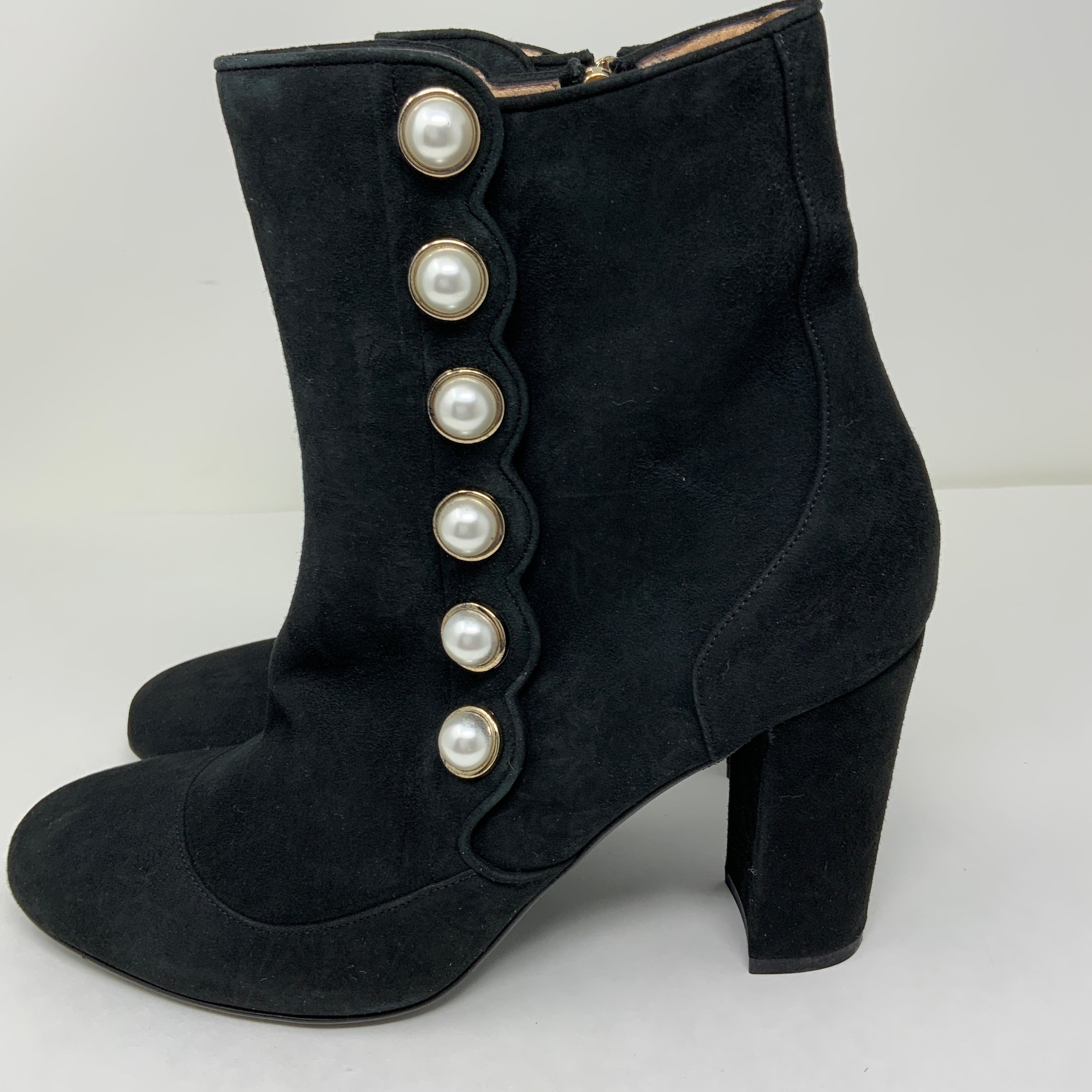 Louis Leeman Suede Leather Stacked High Heel Ankle Booties Shoes Pearl Detail