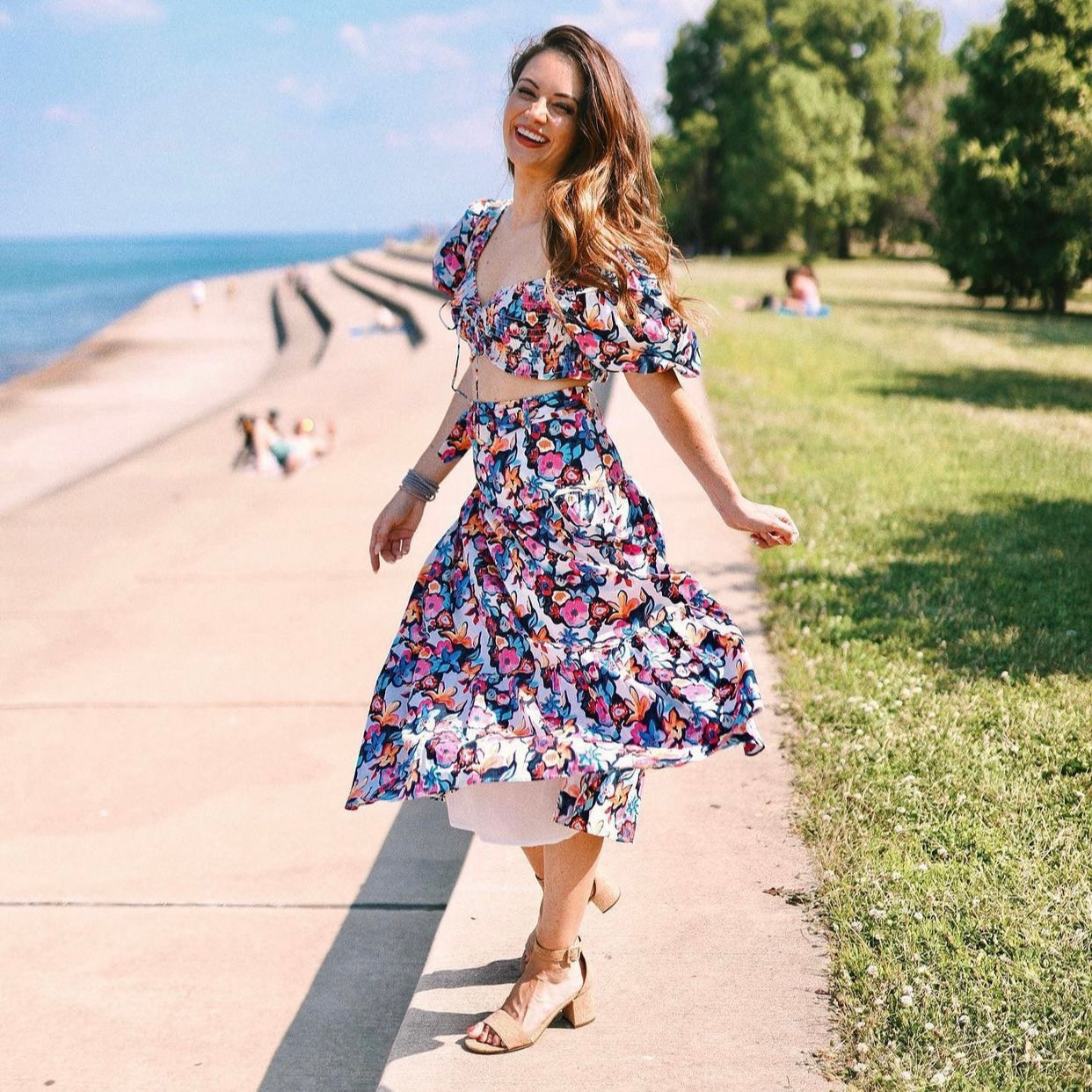 Aura My Hope Haven Navy Floral Print Puff Sleeve Cotton Crop Top Shirt Blouse