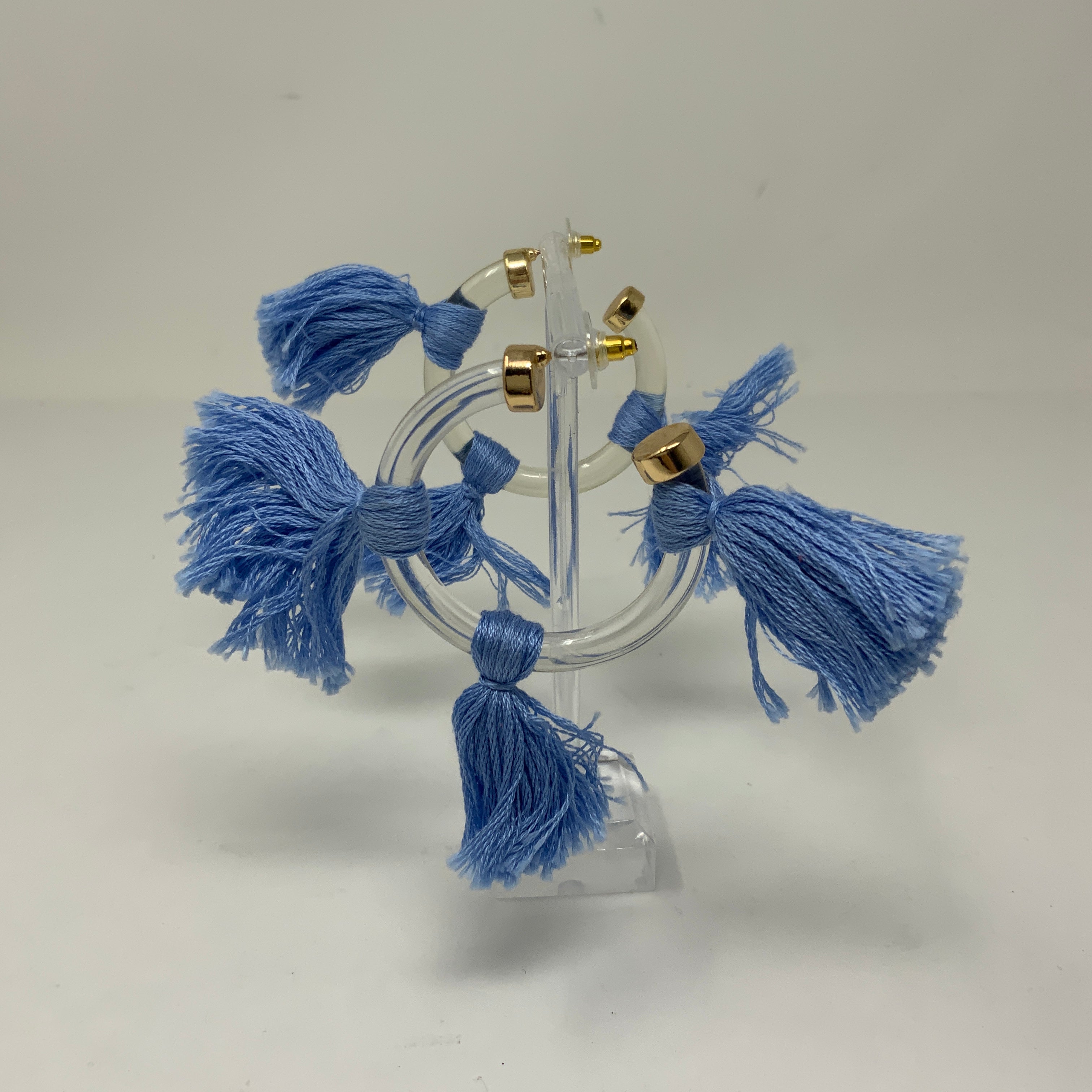 The Tiny Tassel Lucite Hoop Blue Fringe Statement Earrings